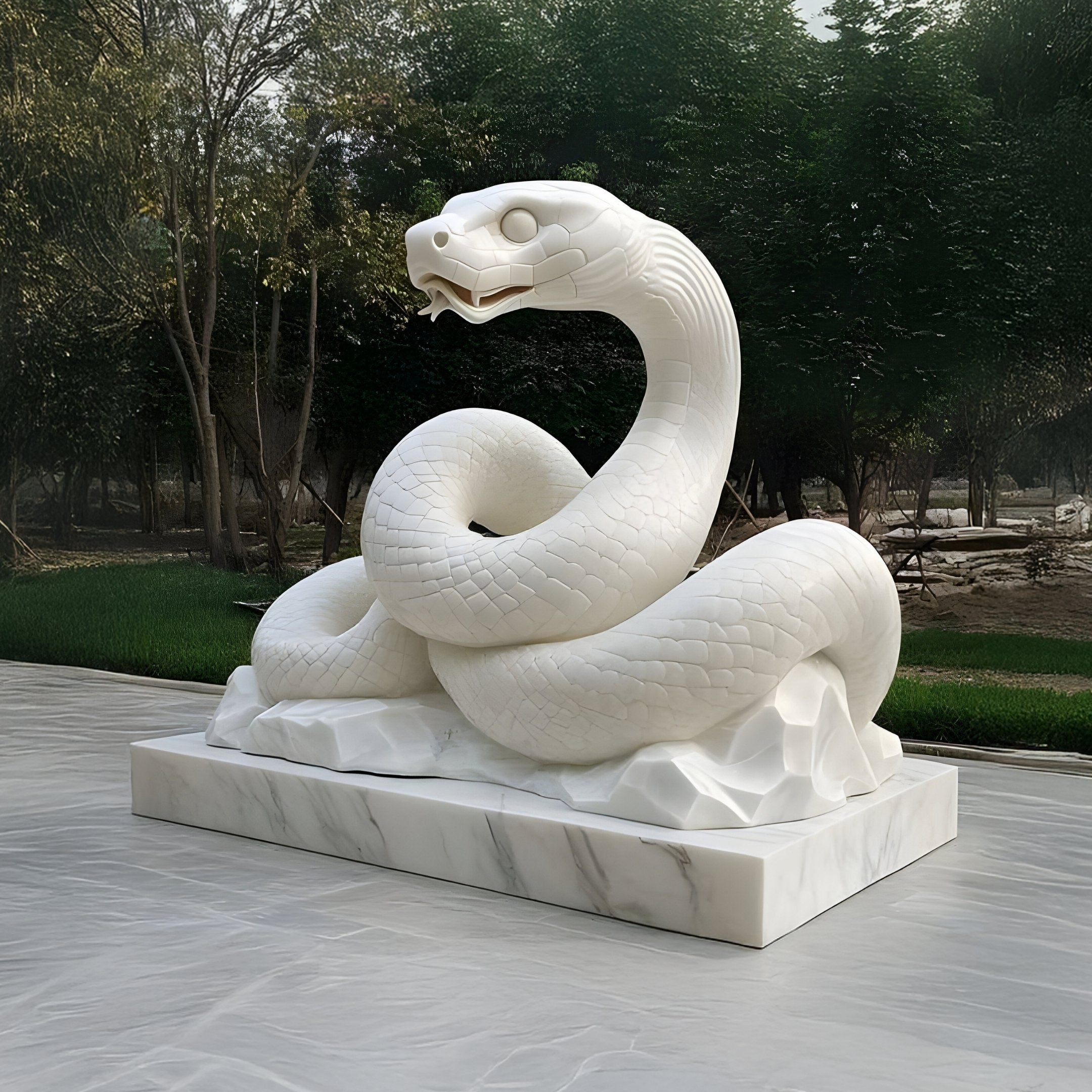 The Giant Sculptures Majestic Snake White Marble Outdoor Sculpture, standing at 100cm, is a hand-carved piece featuring a coiled snake with an open mouth. It sits gracefully on a marble base in a serene setting of trees and lush grass, embodying calmness and strength.