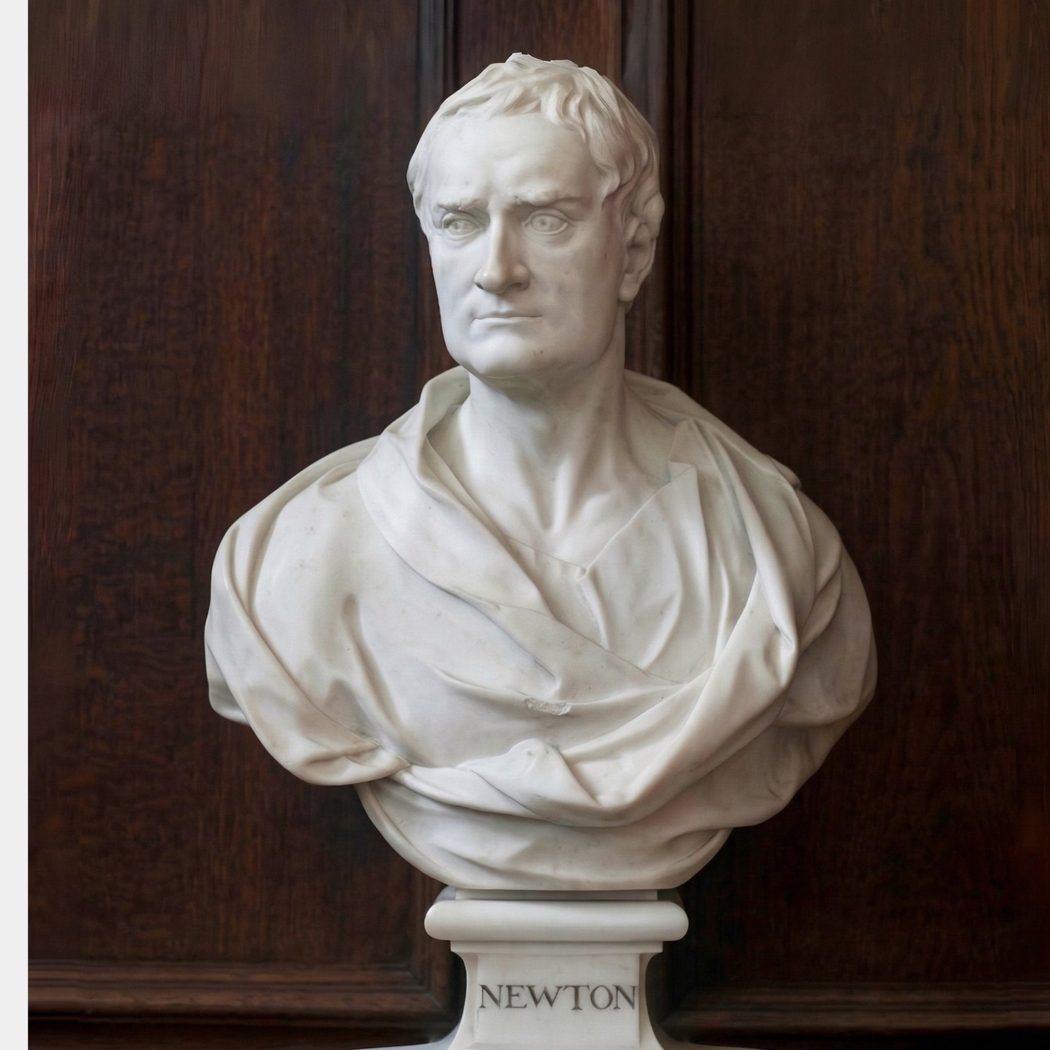 The Isaac Newton Marble Bust Sculpture (75cm) by Giant Sculptures features a white marble figure of Newton with short hair and draped clothing, complemented by a dark wooden backdrop.
