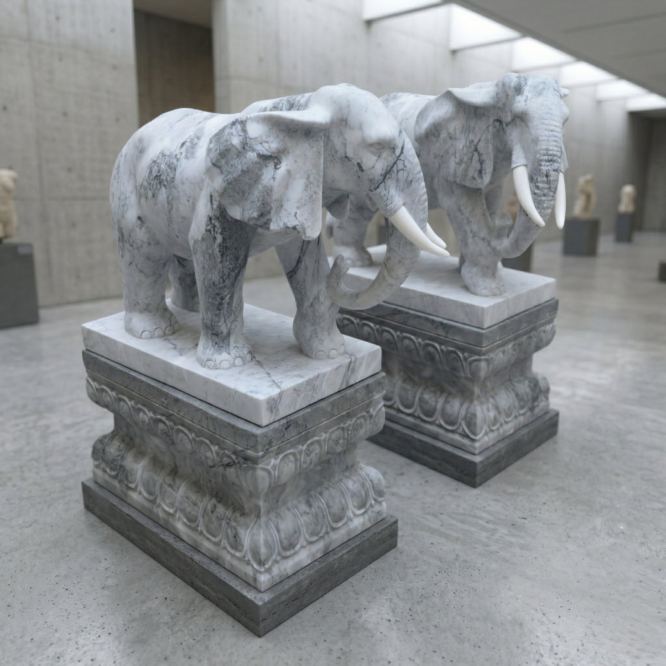 Two Elephant Grey Marble Outdoor Sculptures (120cm) by Giant Sculptures, with intricate carvings, stand on ornate pedestals in a modern gray-walled gallery. Bust sculptures are displayed on separate pedestals in the background.