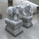 Two Elephant Grey Marble Outdoor Sculptures (120cm) by Giant Sculptures, with intricate carvings, stand on ornate pedestals in a modern gray-walled gallery. Bust sculptures are displayed on separate pedestals in the background.