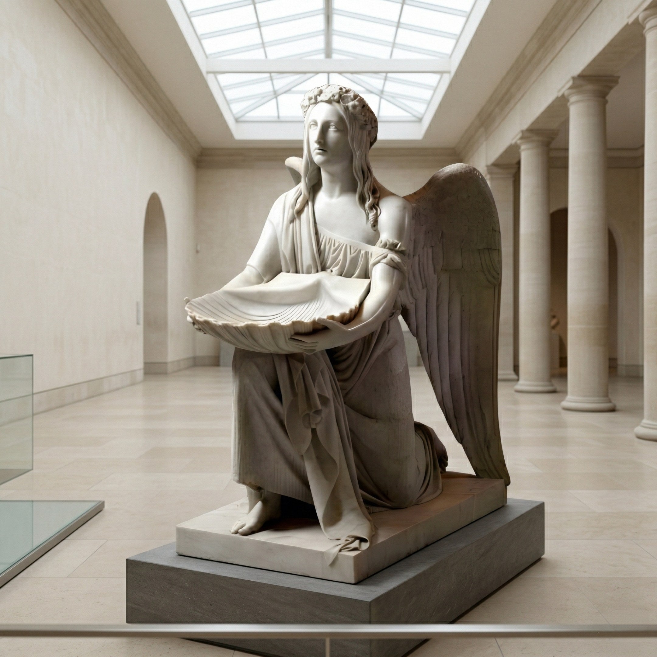 The Shell Offering Angel Marble Outdoor Sculpture - 150cm by Giant Sculptures features a kneeling angel with a shell-shaped bowl, beautifully displayed indoors beneath tall columns and a glass ceiling.