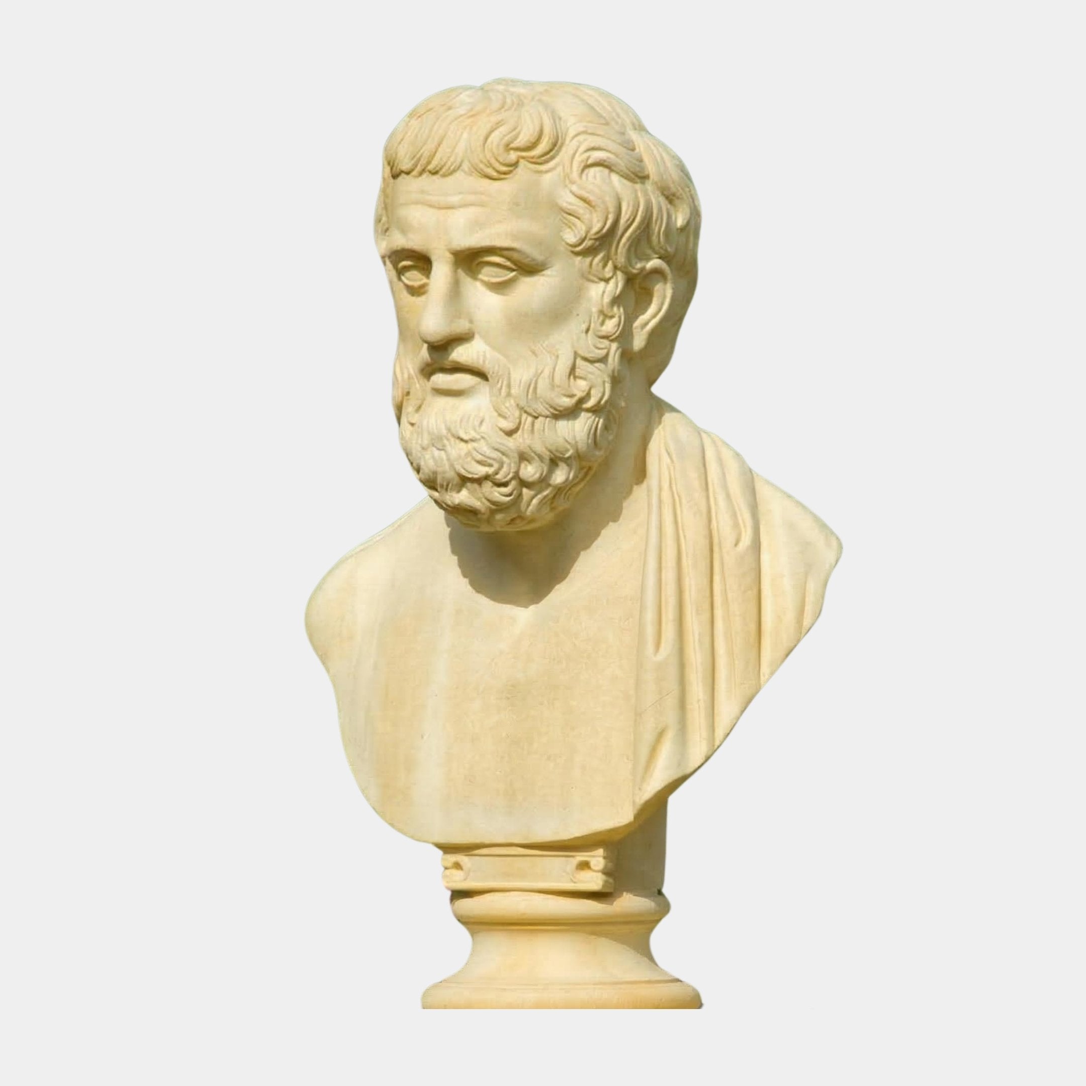 The Plato Marble Bust Sculpture - 55cm by Giant Sculptures features an ancient bearded man with wavy hair and draped clothing, crafted from cream marble and showcased against a plain, light background.