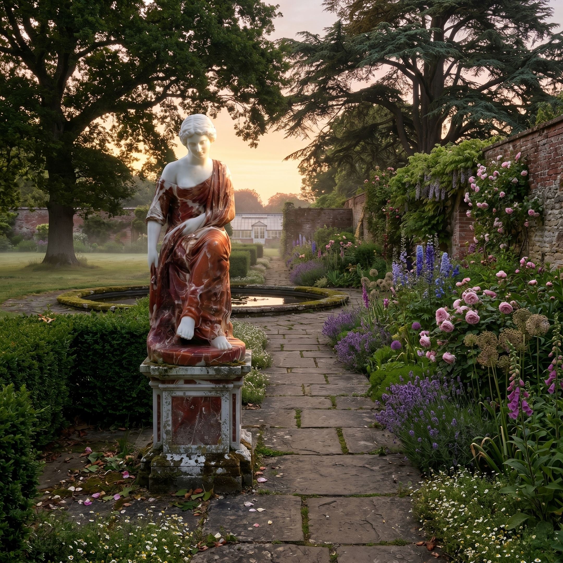 Giant Sculptures Seated Woman with Wreath 205cm polychrome marble sculpture in red-veined drapery and white figure, on matching pedestal in a walled garden at dusk.