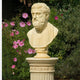 The Plato Marble Bust Sculpture - 55cm by Giant Sculptures, crafted from cream marble, is showcased on an ornate pedestal in a garden with blooming pink flowers and lush greenery.
