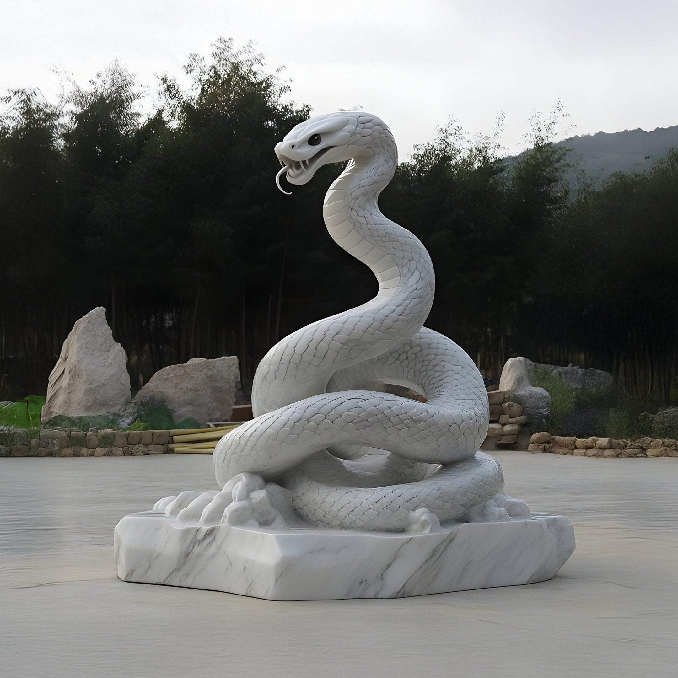 The Giant Coiled Snake White Marble Outdoor Sculpture by Giant Sculptures is hand-carved, standing 160cm tall. It features a raised head and exposed fangs on a smooth stone base, set against dark green trees and rocky hills under a cloudy sky.