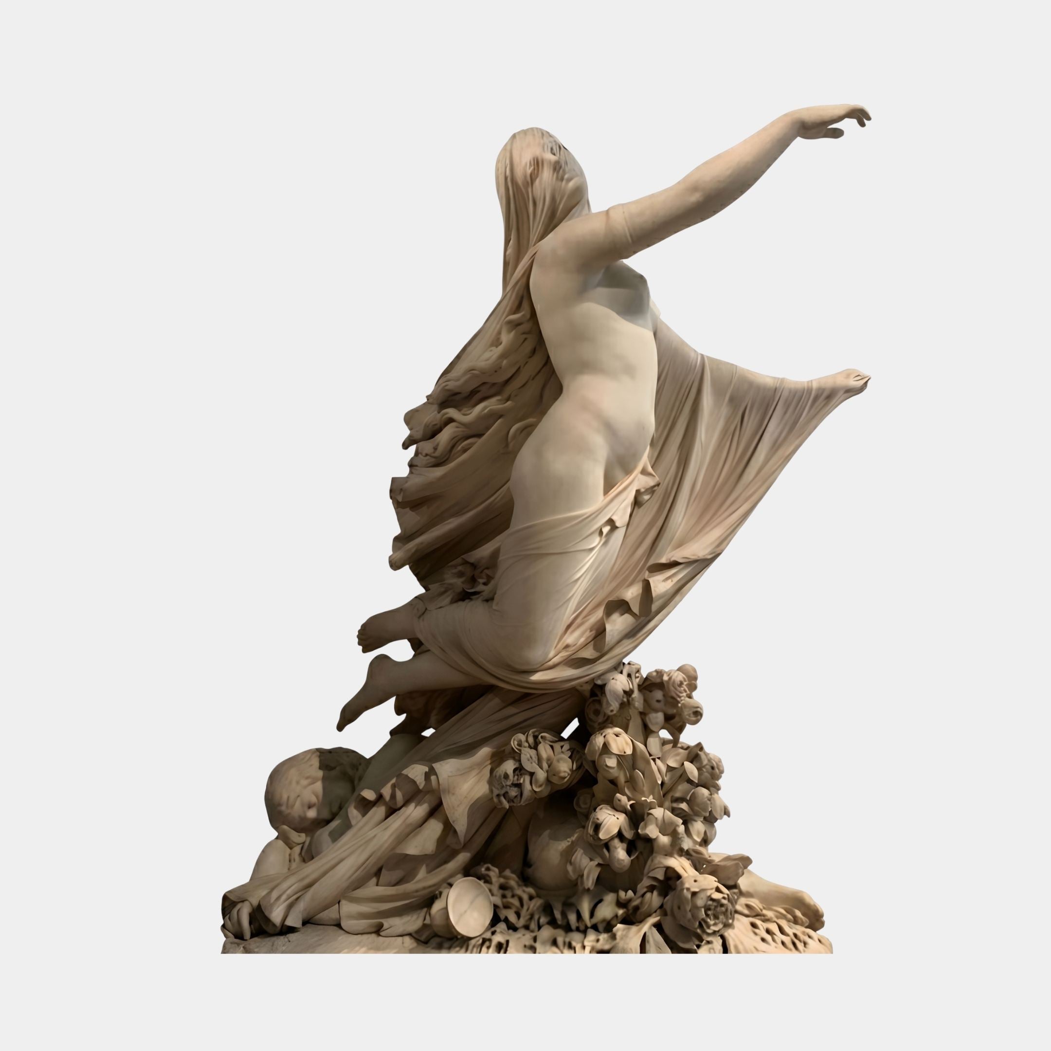 Veiled Woman with Cherub and Flowers Marble Sculpture from Giant Sculptures, side view of the draped figure with arm raised, on a floral carved base.