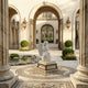 The Blossom Crown Cherub Marble Outdoor Sculpture (100cm) by Giant Sculptures stands on a mosaic pedestal in a sunlit courtyard with arches, ornate columns, trimmed bushes, a pond, and elegant lanterns.