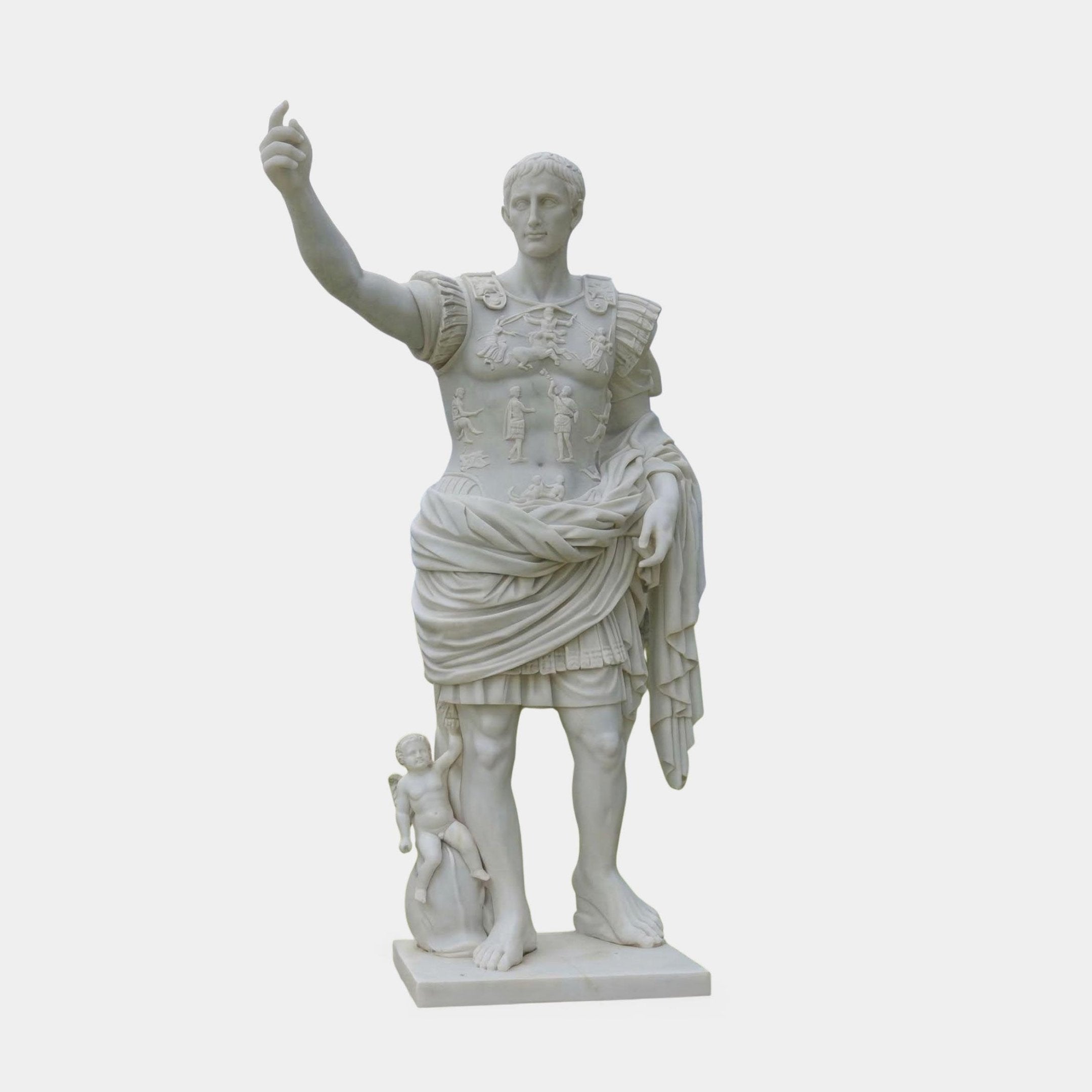 The Augustus Marble Sculpture - 180cm by Giant Sculptures depicts a life-size Roman man in armor with raised right arm and draped cloth, with a small child at his right leg, set against a plain light background.