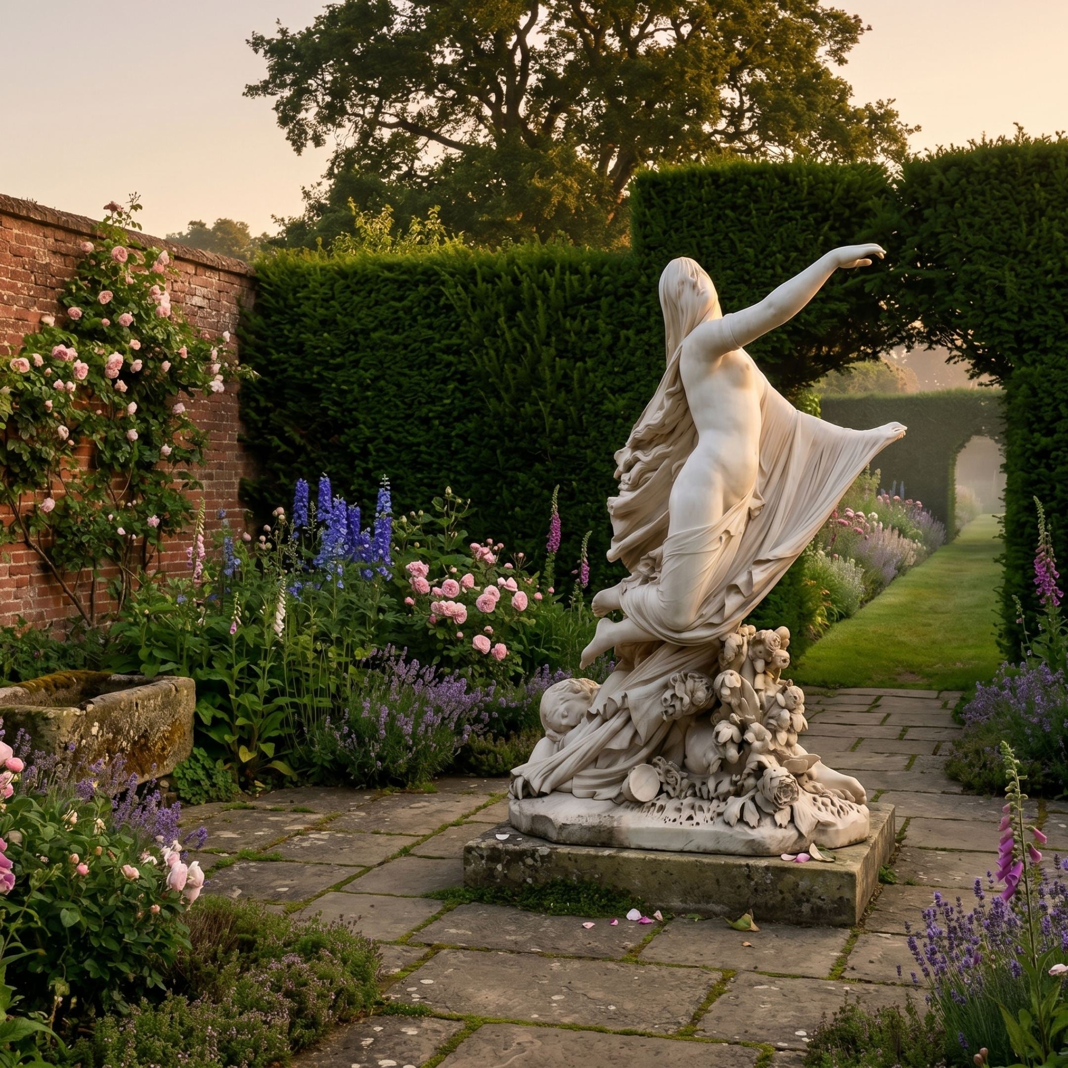 Veiled Woman with Cherub and Flowers Marble Sculpture by Giant Sculptures, 180cm white marble figure with raised arm, displayed on a stone path in a walled rose garden.