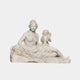 Giant Sculptures' 160cm Reclining Goddess with Cherub and Flowers marble sculpture, the draped figure resting beside carved roses with a winged cherub behind.
