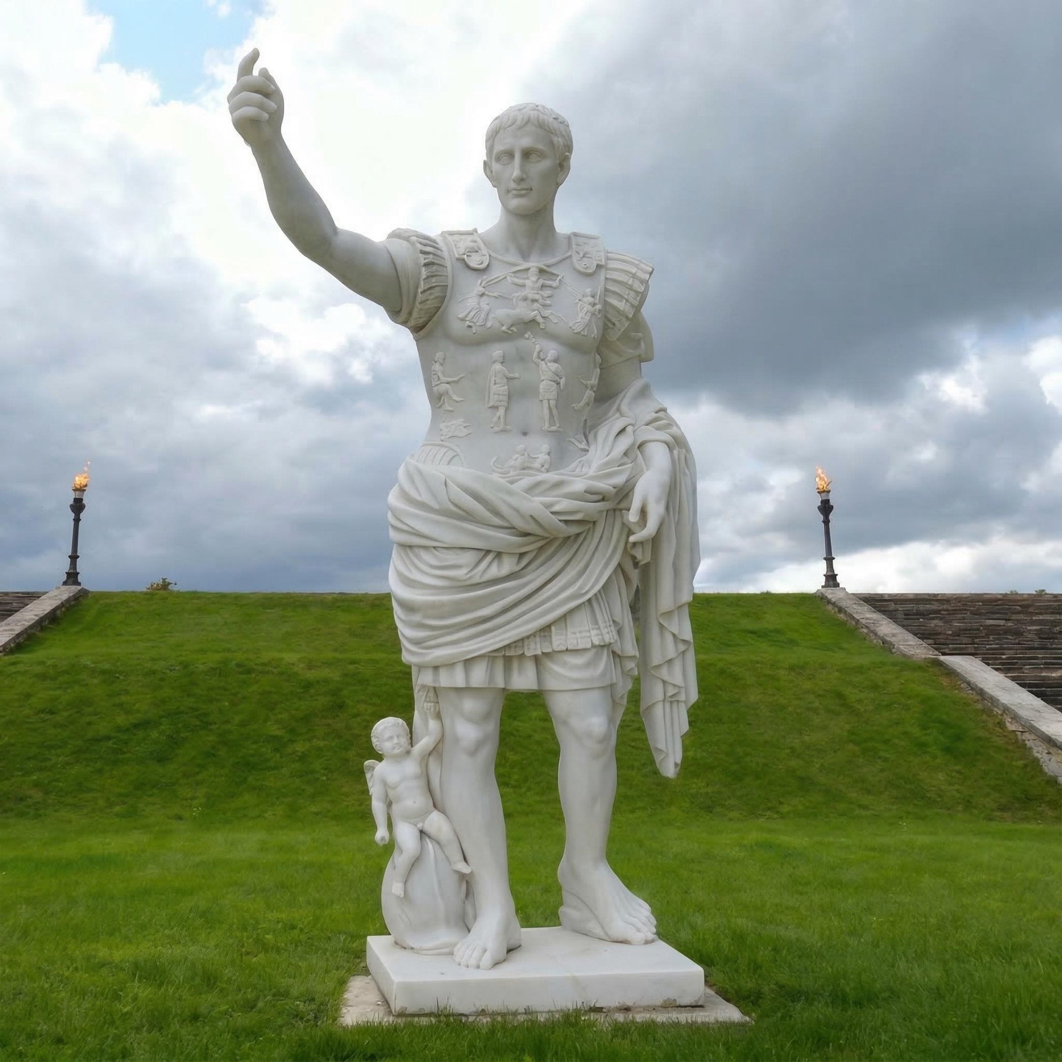 The Augustus Marble Sculpture - 180cm by Giant Sculptures depicts a man in Roman armor with one arm raised, standing on grass beside a small figure. Steps, torches, and a cloudy sky can be seen in the background.