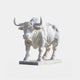 The Robust Bull White Marble Outdoor Sculpture, 120cm by Giant Sculptures, stands elegantly on a rectangular base. Its muscular build is intricately detailed with curved horns and a textured coat against a plain white background.