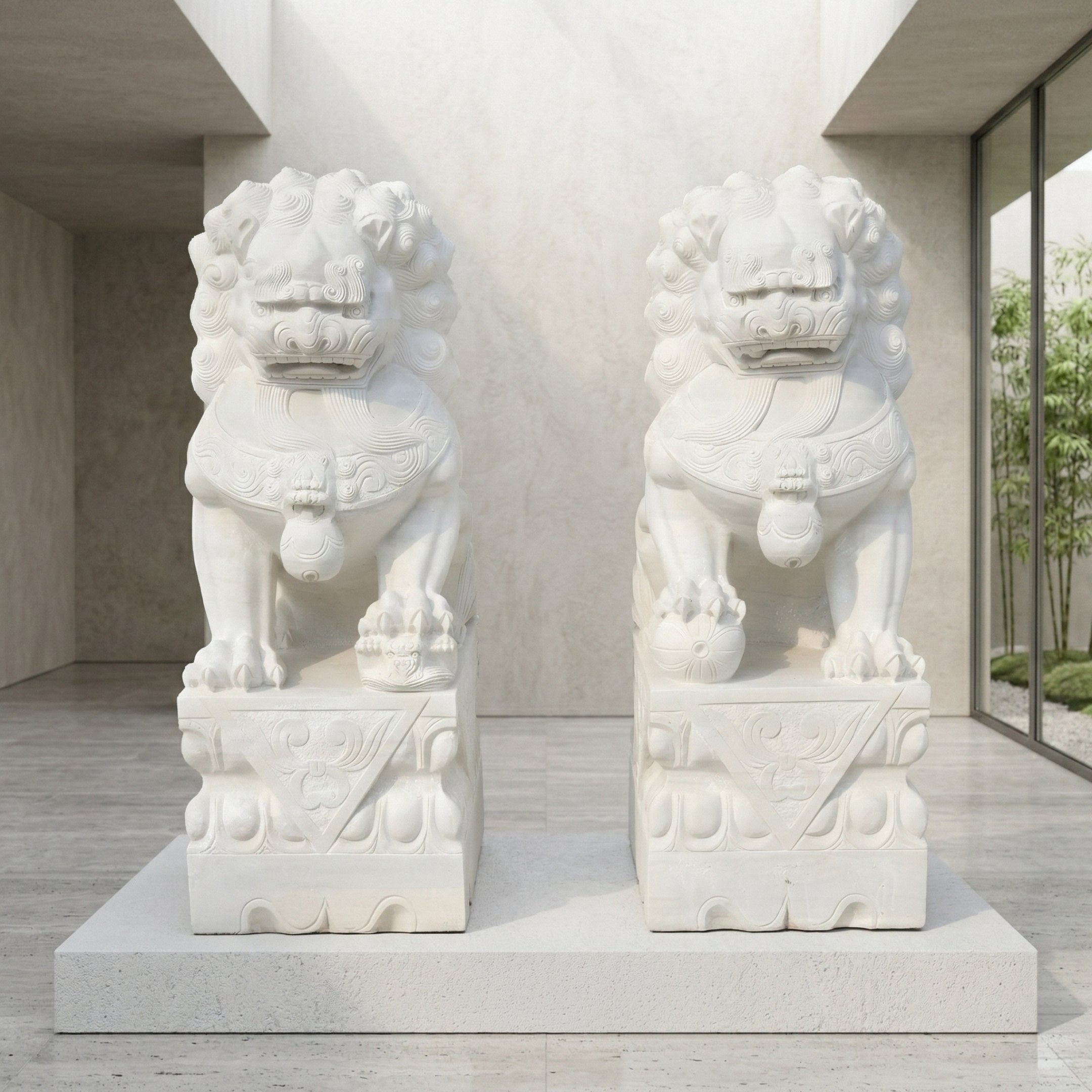 Two Chinese Guardian Lion IV Marble Outdoor Sculptures by Giant Sculptures, each 180cm tall and hand-carved from white marble, are displayed side by side on pedestals in a modern indoor space with light walls and garden views.