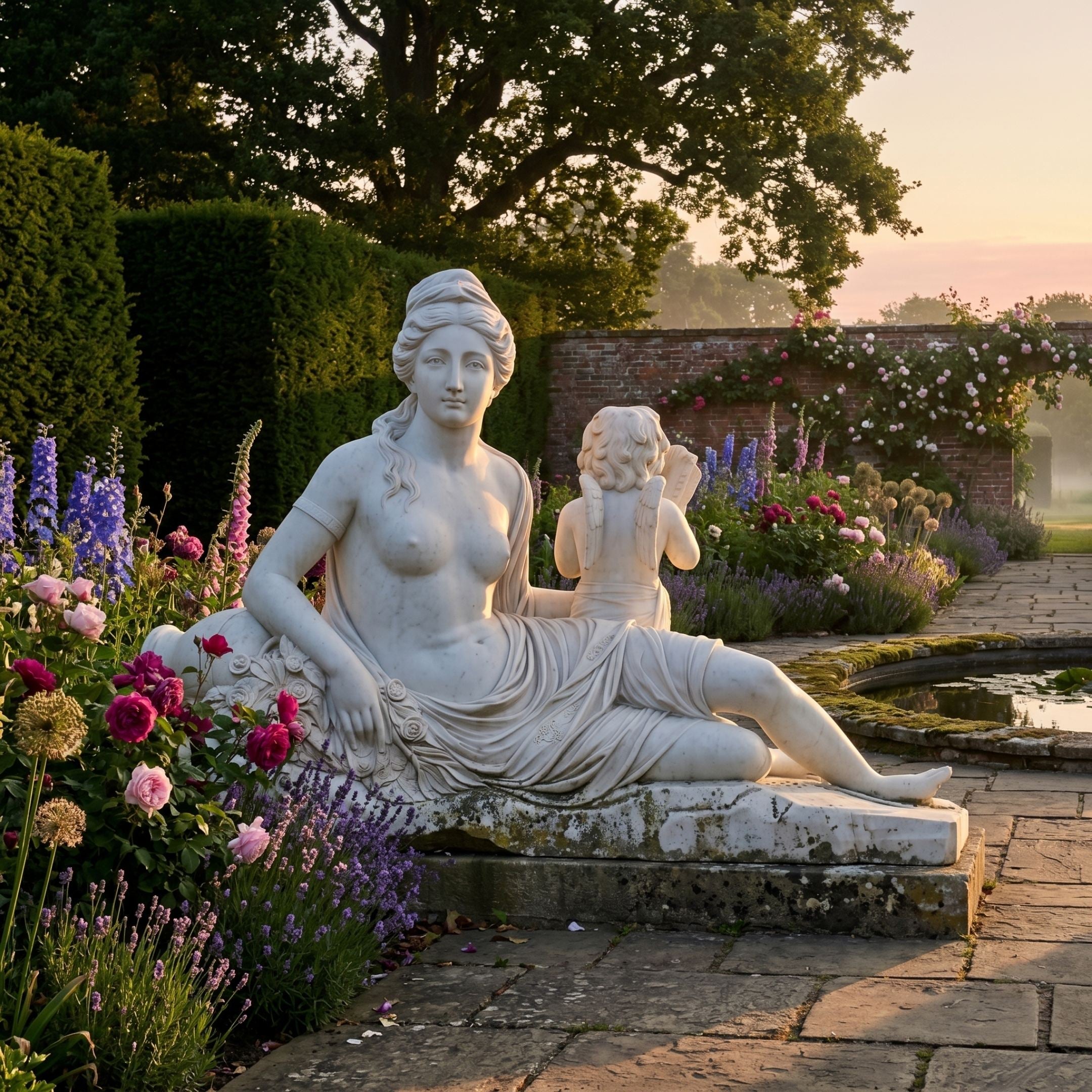 Reclining Goddess with Cherub and Flowers Marble Sculpture by Giant Sculptures, displayed on a stone terrace beside roses, lavender, and a lily pond at dusk.