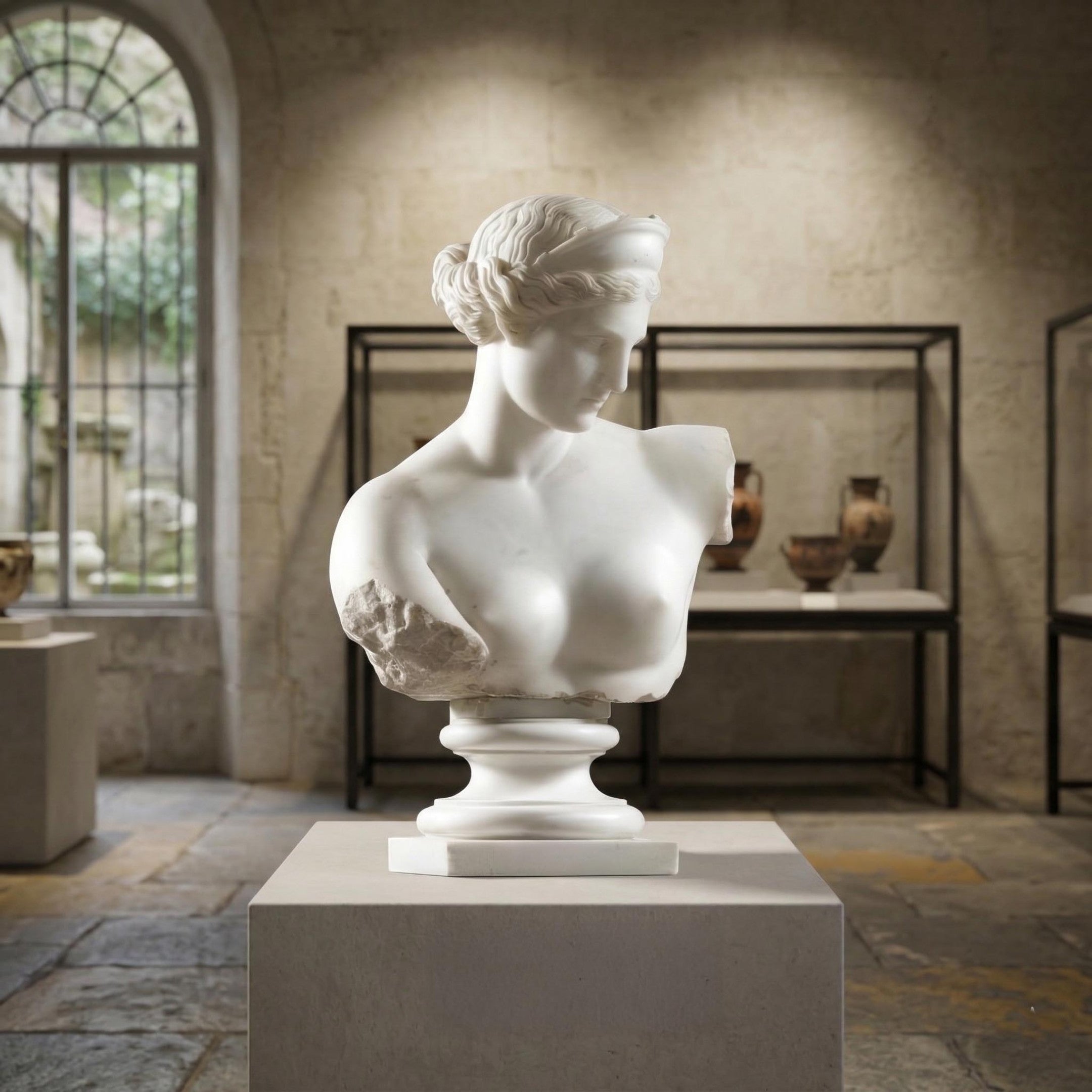 The Classical Female Marble Bust Sculpture - 75cm by Giant Sculptures is displayed on a pedestal in a museum room, surrounded by ancient pottery and illuminated by light from a large arched window in the background.