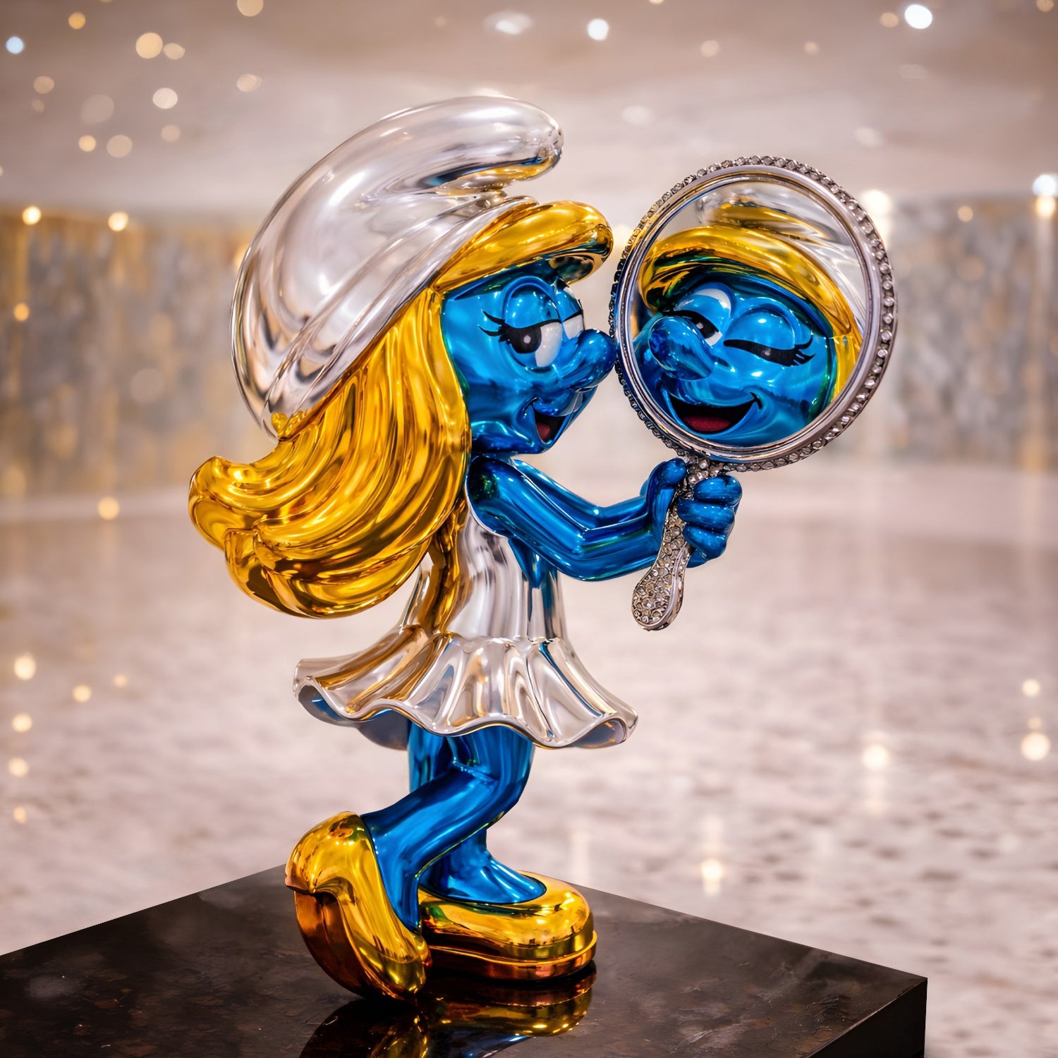 The Smurfette Vanity Mirror Glamour Statue by Giant Sculptures features a shiny, colorful fiberglass Smurfette with golden hair and shoes, smiling and holding a vanity mirror on a black pedestal in an elegant indoor space.