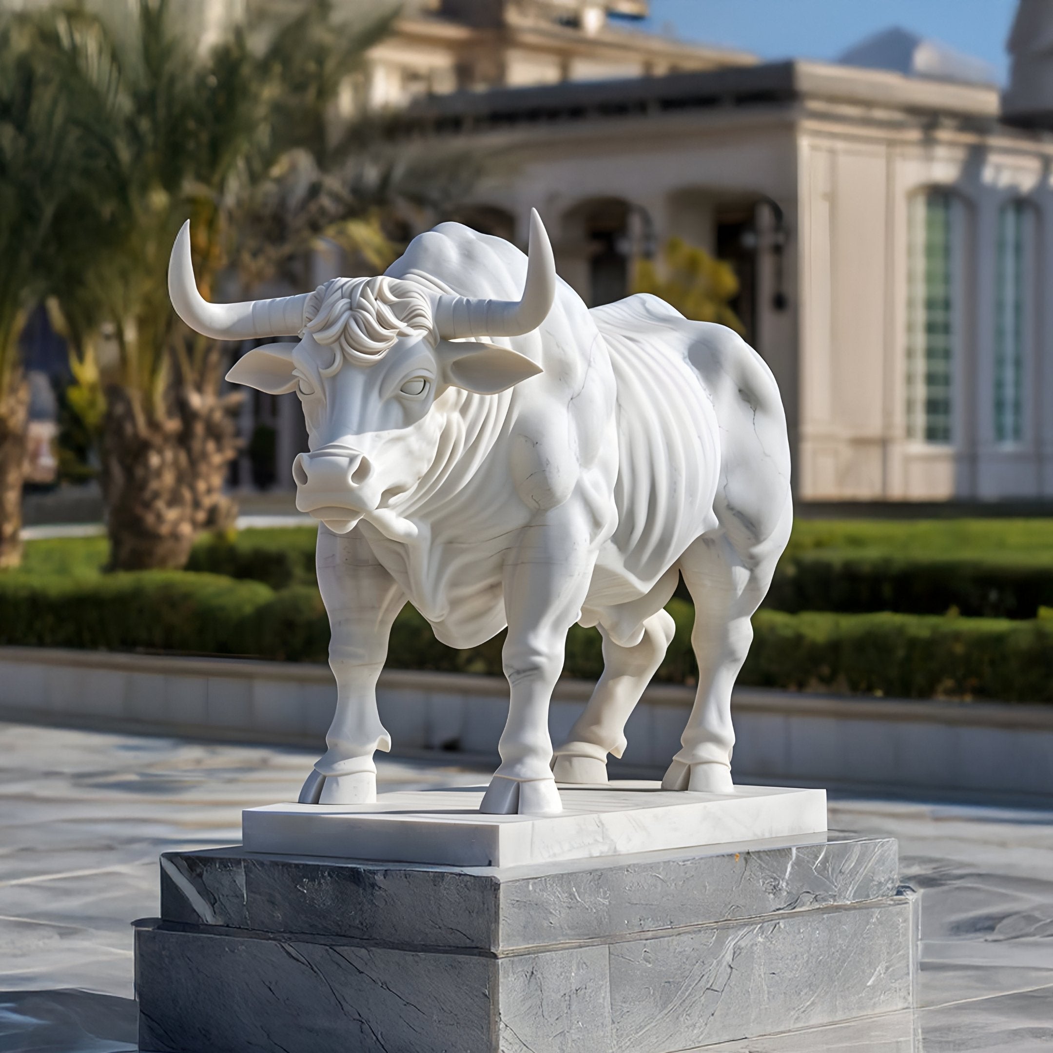 The Robust Bull White Marble Outdoor Sculpture (120cm) by Giant Sculptures, featuring large horns, stands prominently on a pedestal among bushes and palm trees in front of a beige classical-style building.