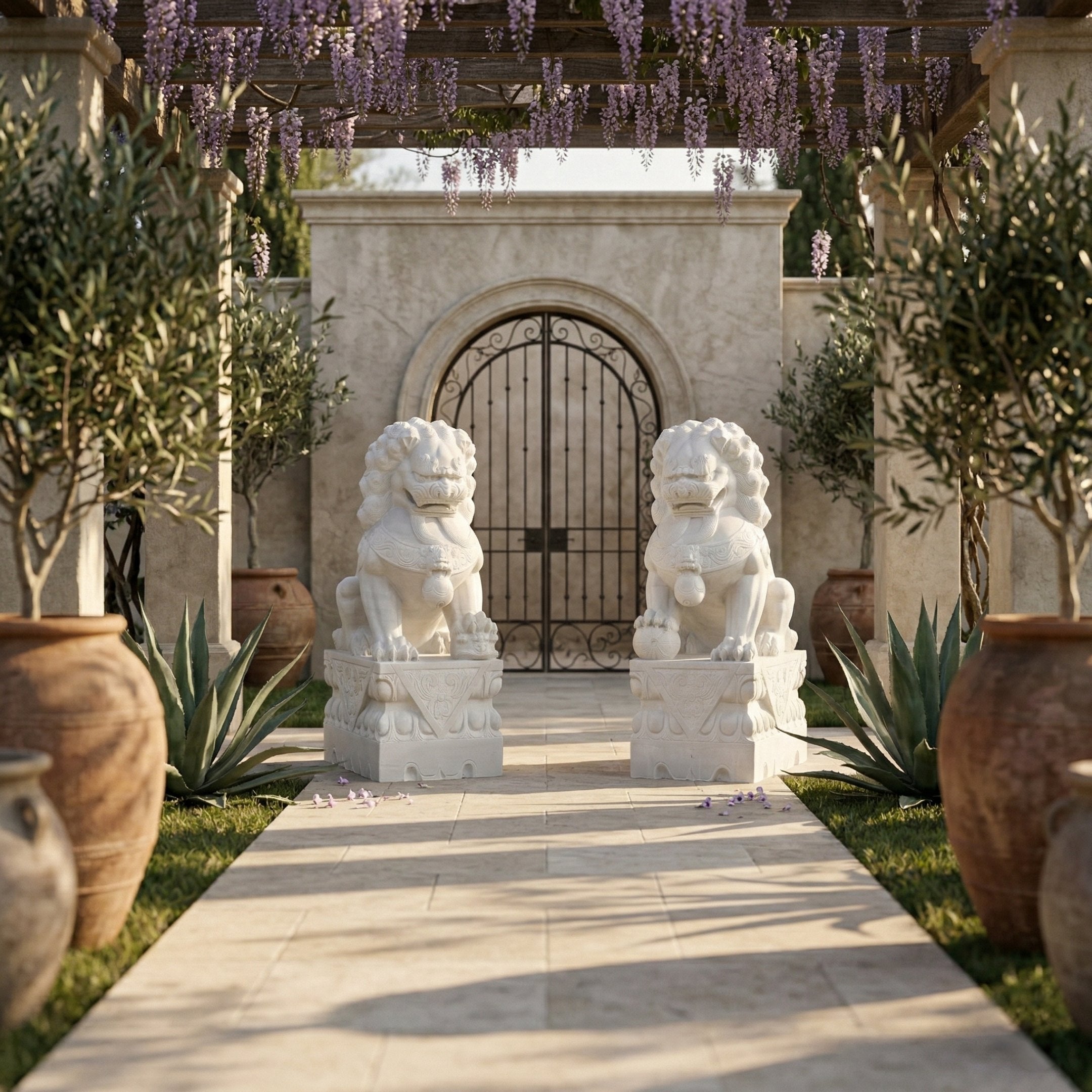 A stone pathway lined with potted plants leads to a wrought iron gate, flanked by Giant Sculptures’ Chinese Guardian Lion IV Marble Outdoor Sculpture (180cm). Purple flowers hang from a pergola as sunlight casts soft shadows on the tiled ground.