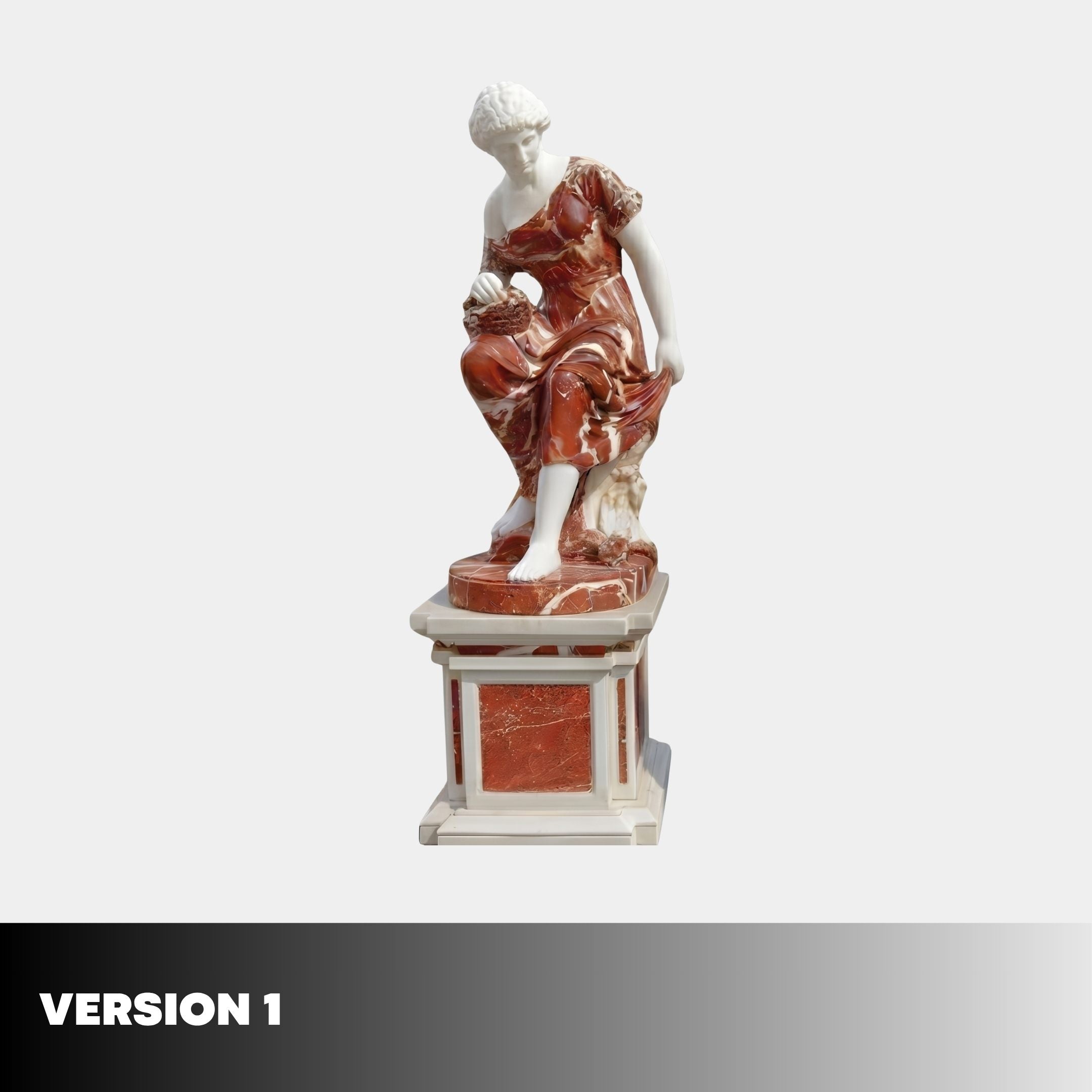 Giant Sculptures' 205cm Seated Woman with Wreath polychrome marble sculpture in red-veined and white marble, shown on its matching architectural pedestal.