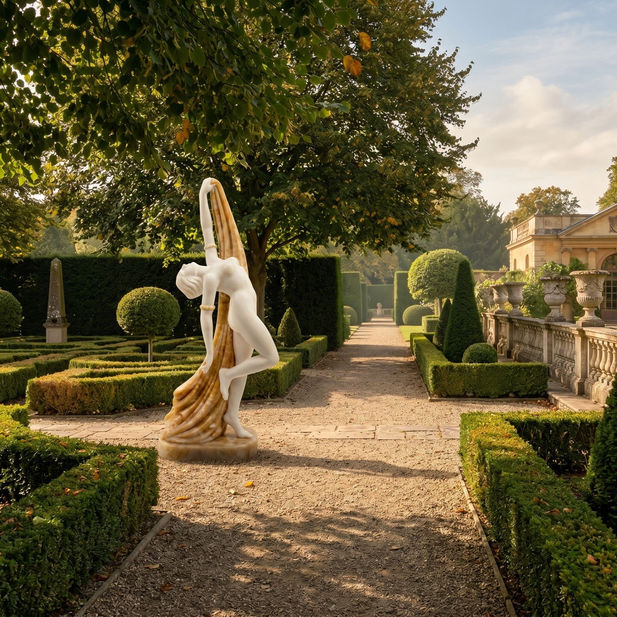 Dancing Goddess Marble Sculpture 160cm by Giant Sculptures in white and amber marble, posed with arched back and flowing drapery, on a gravel garden pathway.