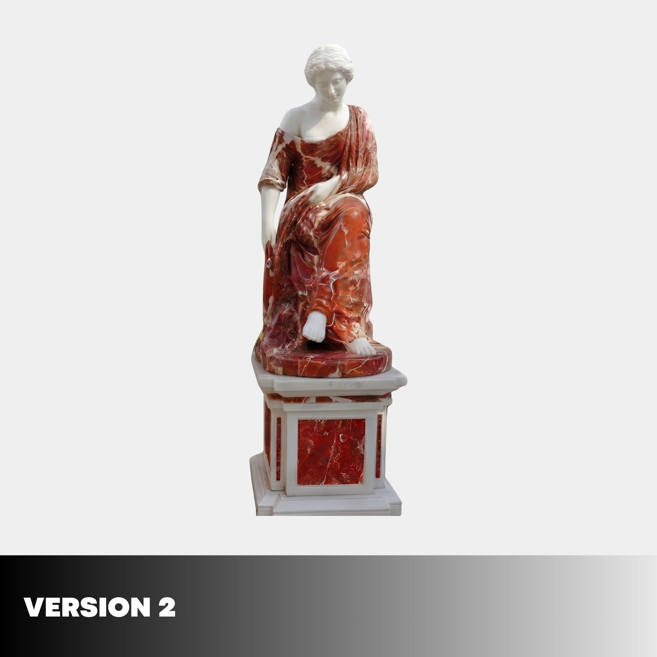 Seated Woman with Wreath Polychrome Marble Sculpture by Giant Sculptures, 205cm, on red and white architectural pedestal, shown against a plain background.