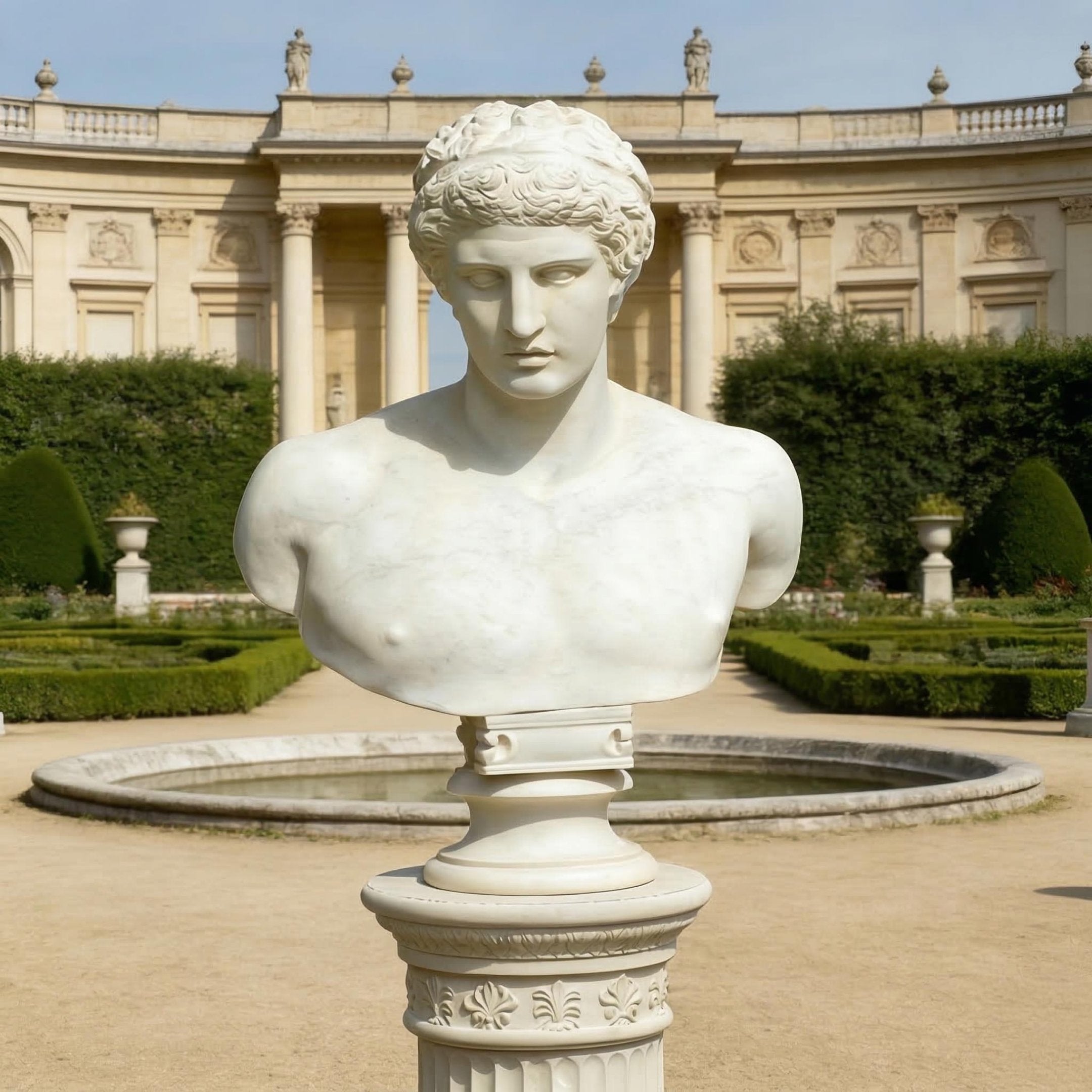 The Classical Male Marble Bust Sculpture - 75cm by Giant Sculptures is displayed on a pedestal in a formal garden with trimmed bushes, a circular fountain, and a grand classical building in the background.