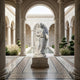 The Rose-Gathering Angel Marble Outdoor Sculpture by Giant Sculptures (180cm) stands on a pedestal in the center of a classical courtyard featuring columns, mosaic flooring, arched walkways, manicured bushes, and a rectangular reflecting pool.