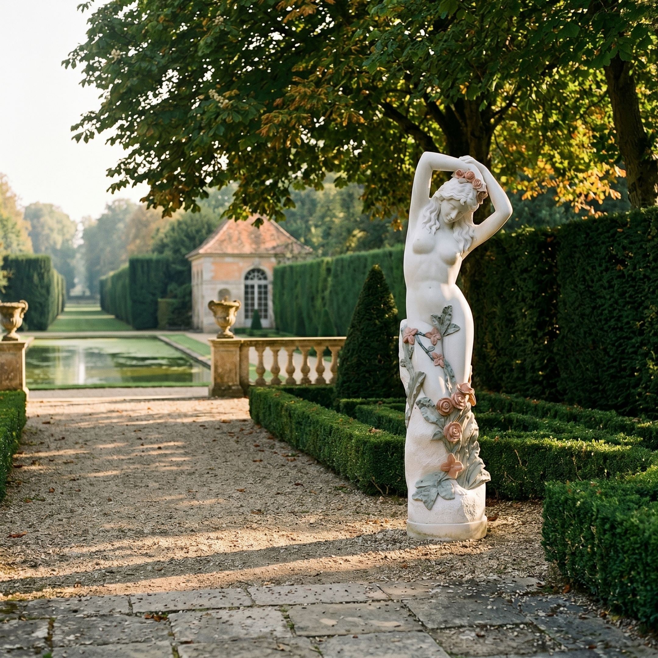 Standing Woman with Roses Marble Sculpture by Giant Sculptures, 160cm white figure with terracotta roses and sage leaves, displayed on a garden path beside a reflecting pool.