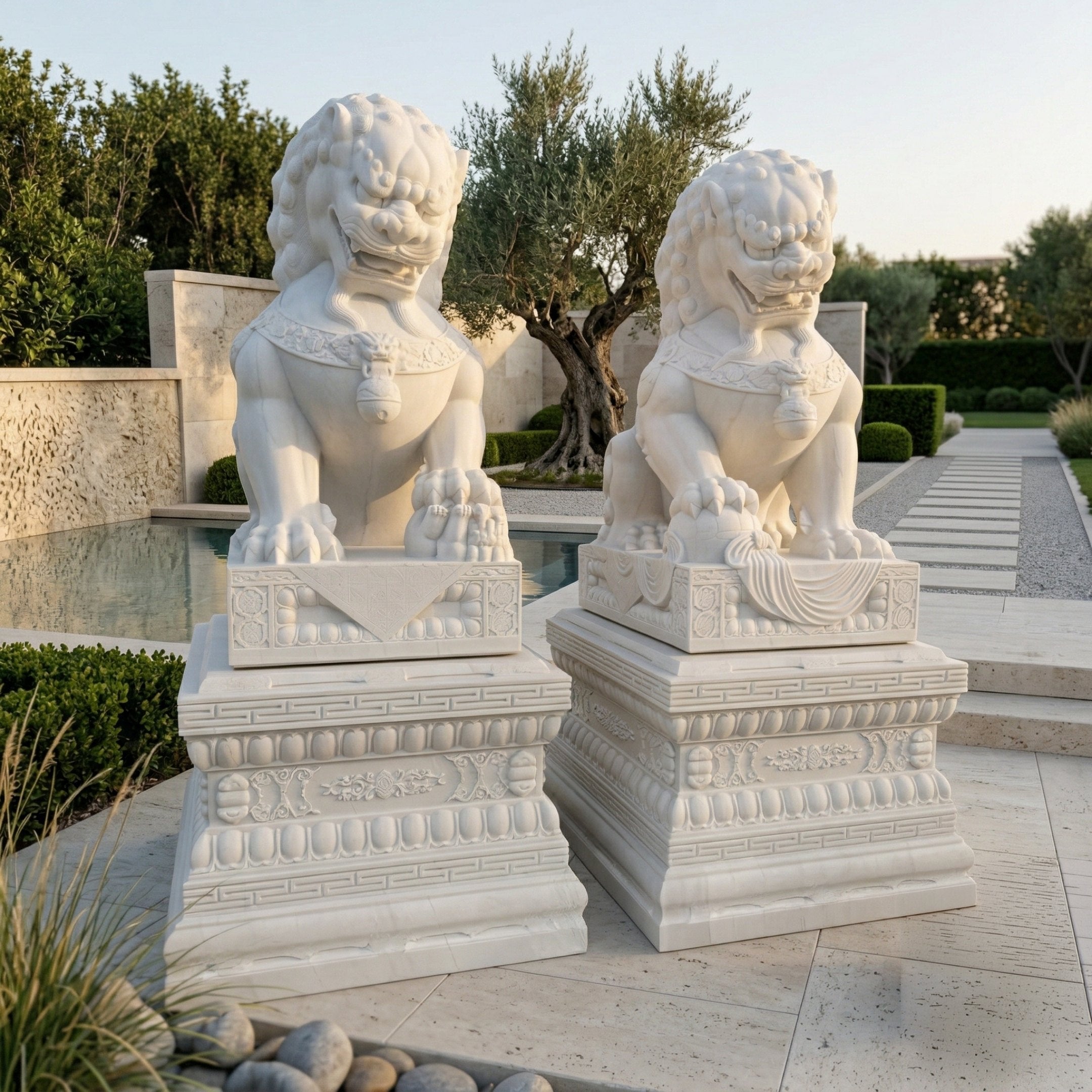 The Chinese Guardian Lion III Marble Outdoor Sculptures by Giant Sculptures, each 200cm tall, stand side by side on pedestals in a landscaped garden with trees, water features, and stone pathways in the background.