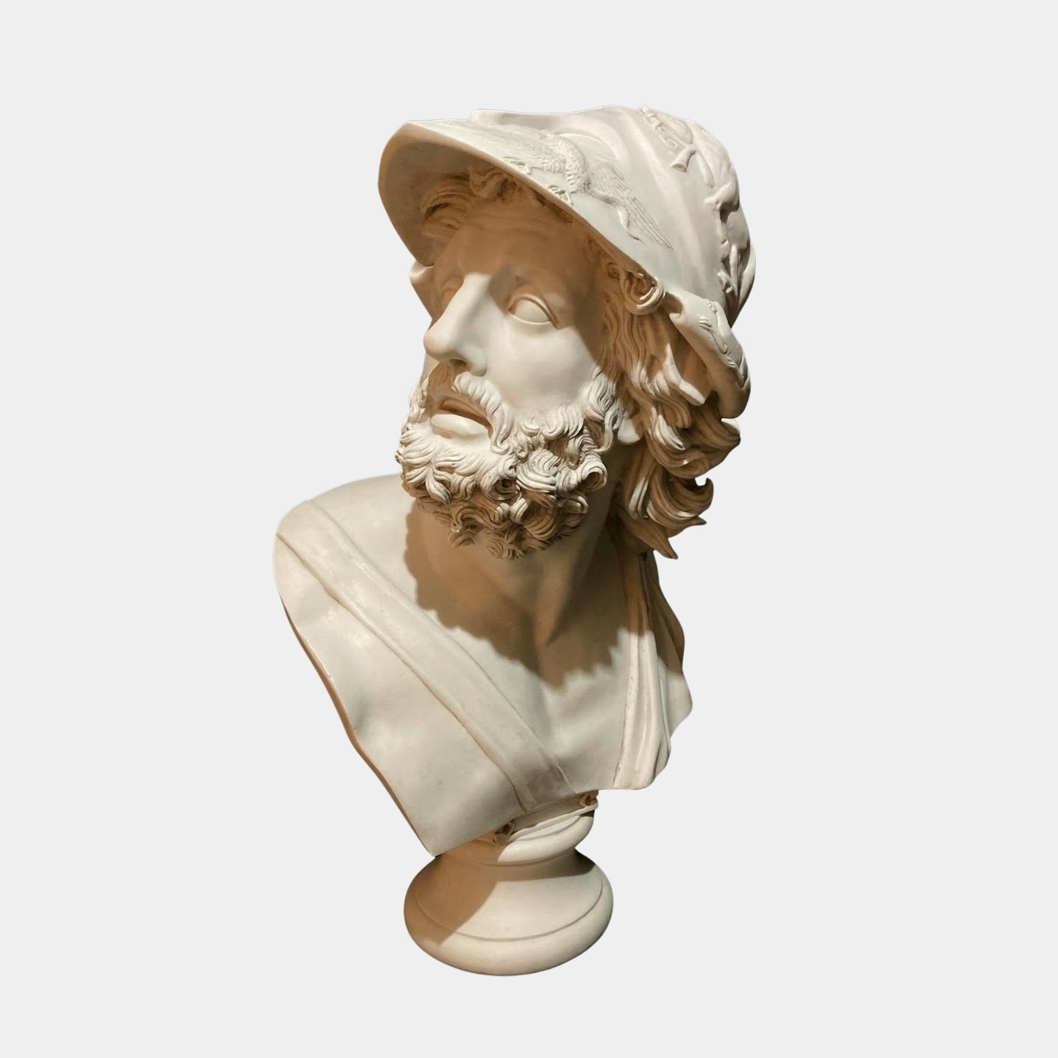 The Heroic Male Marble Bust - 65cm by Giant Sculptures features a bearded man in classical attire and helmet, gazing upward and to the side, set against a plain white background.
