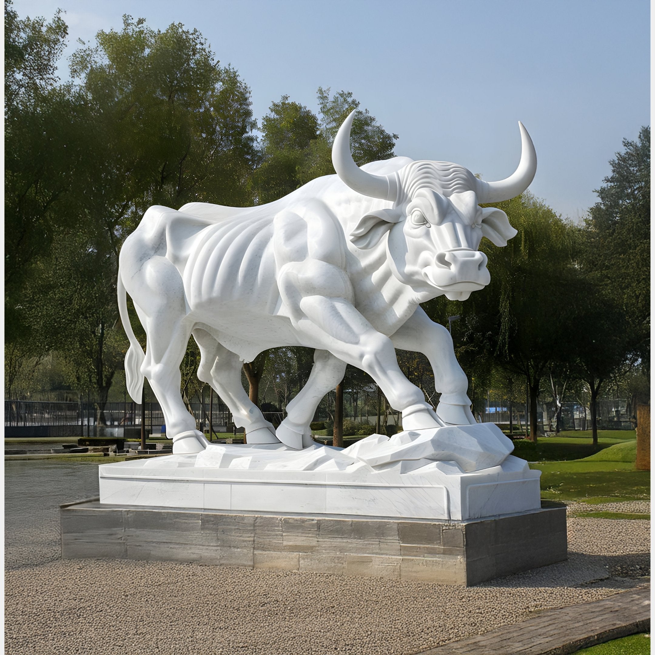 The Powerful Bull White Marble Outdoor Sculpture (150cm) by Giant Sculptures majestically stands on a rectangular pedestal outdoors, showcasing its muscular build and horns. Amidst trees and greenery under a clear sky, the sculpture captures a determined stance.