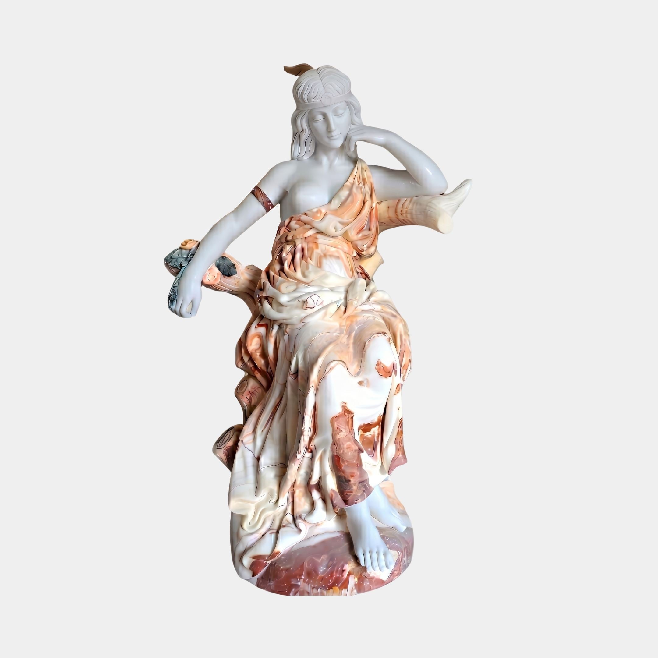 Seated Classical Woman Marble Sculpture by Giant Sculptures, 130cm, depicting a draped woman with headband resting her cheek on her hand, in warm cream and rust marble tones on a plain background.