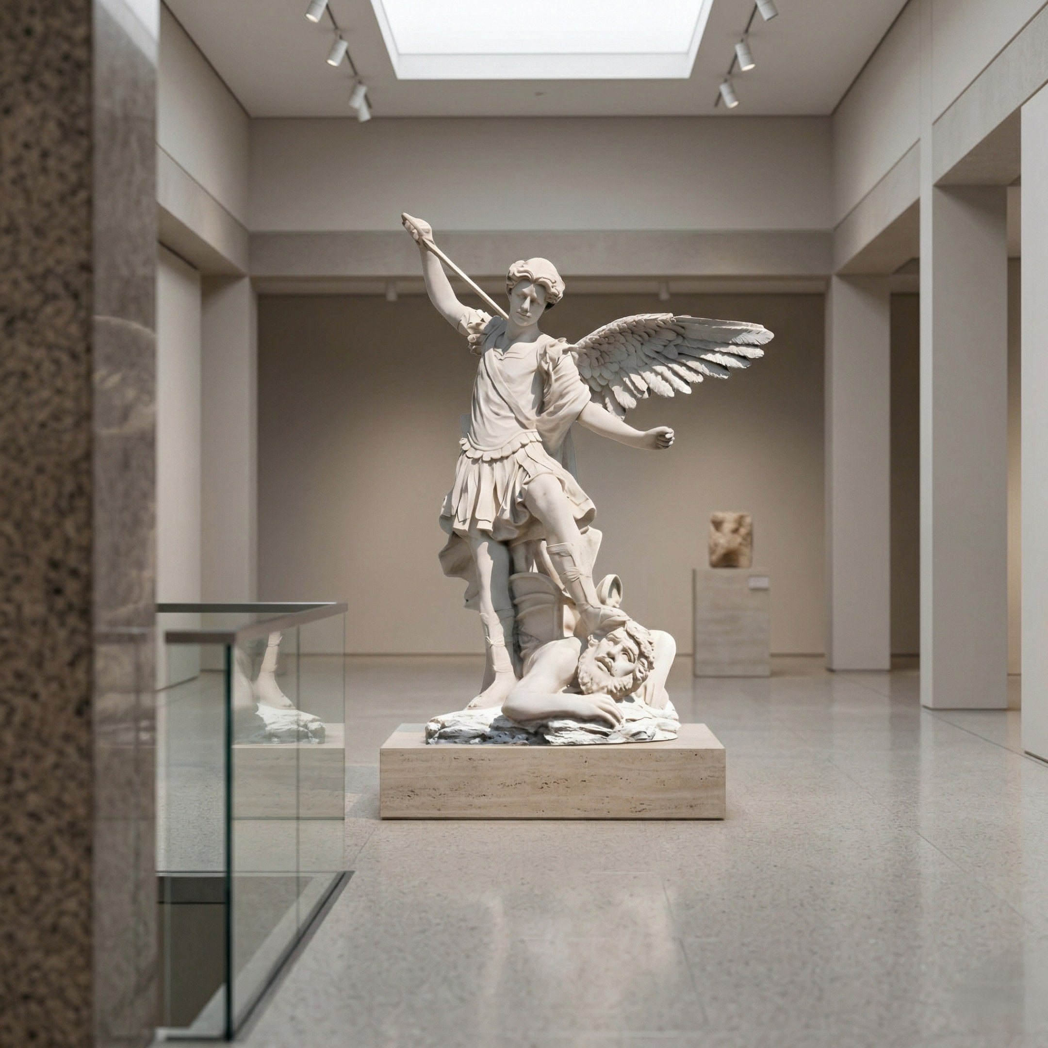 The "Vanquishing Guardian Angel Marble Outdoor Sculpture - 220cm" by Giant Sculptures features a triumphant angel with outstretched wings over a defeated figure, displayed in a bright modern gallery with neutral walls and a skylight.