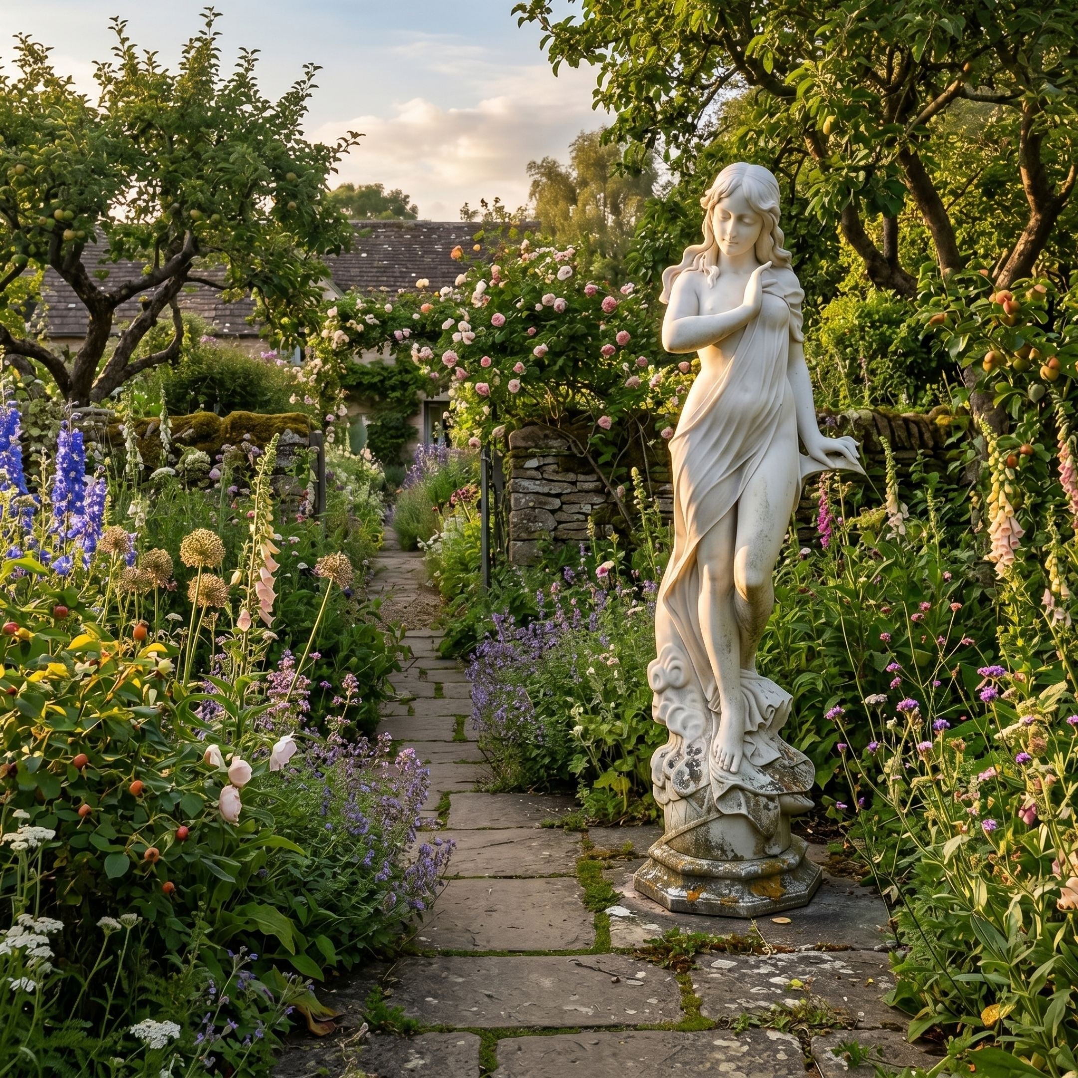 Giant Sculptures' 160cm Standing Maiden marble sculpture in flowing robes on a weathered pedestal, set along a stone pathway among foxgloves, roses, and lavender.