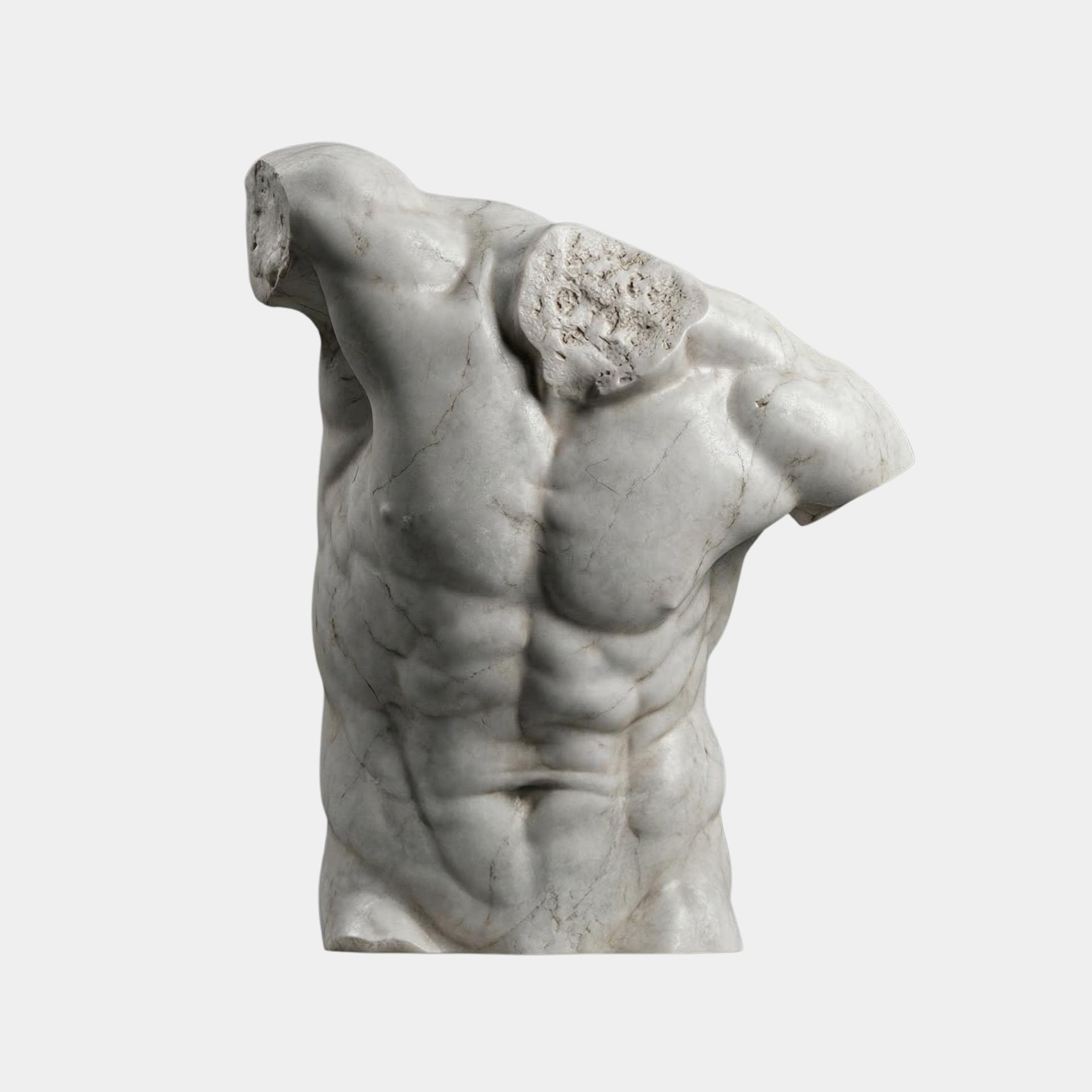 The Male Marble Torso Sculpture - 80cm by Giant Sculptures features a headless, armless male figure with detailed muscles and a smooth white finish, beautifully displayed against a plain background.
