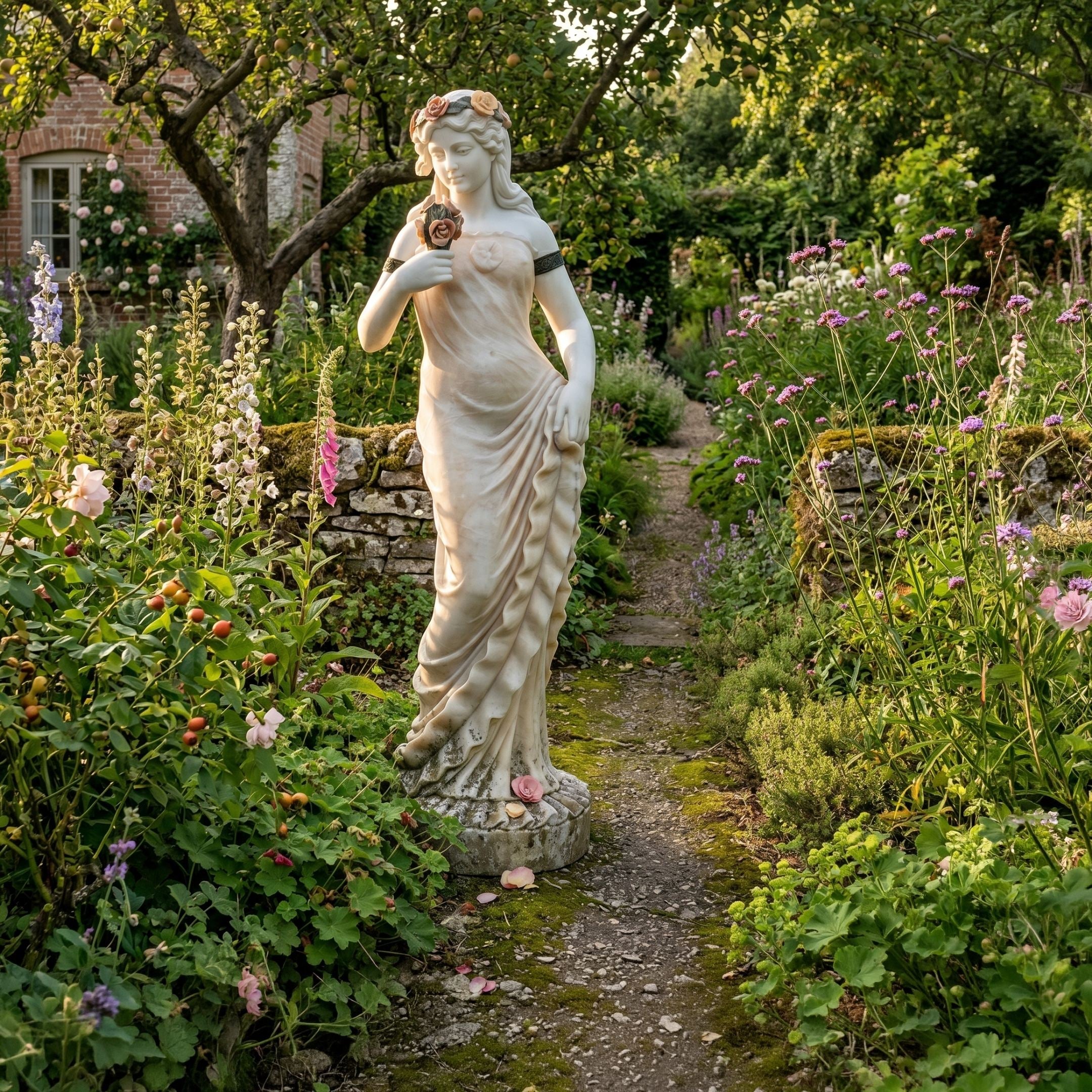 Goddess of Harvest Marble Sculpture by Giant Sculptures, 160cm female figure in flowing drapery with floral crown, on a stone path in a cottage flower garden.