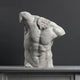 The Male Marble Torso Sculpture - 80cm by Giant Sculptures, featuring detailed musculature and a classical style, is displayed headless and armless on a gray stone surface against a dark gray background.