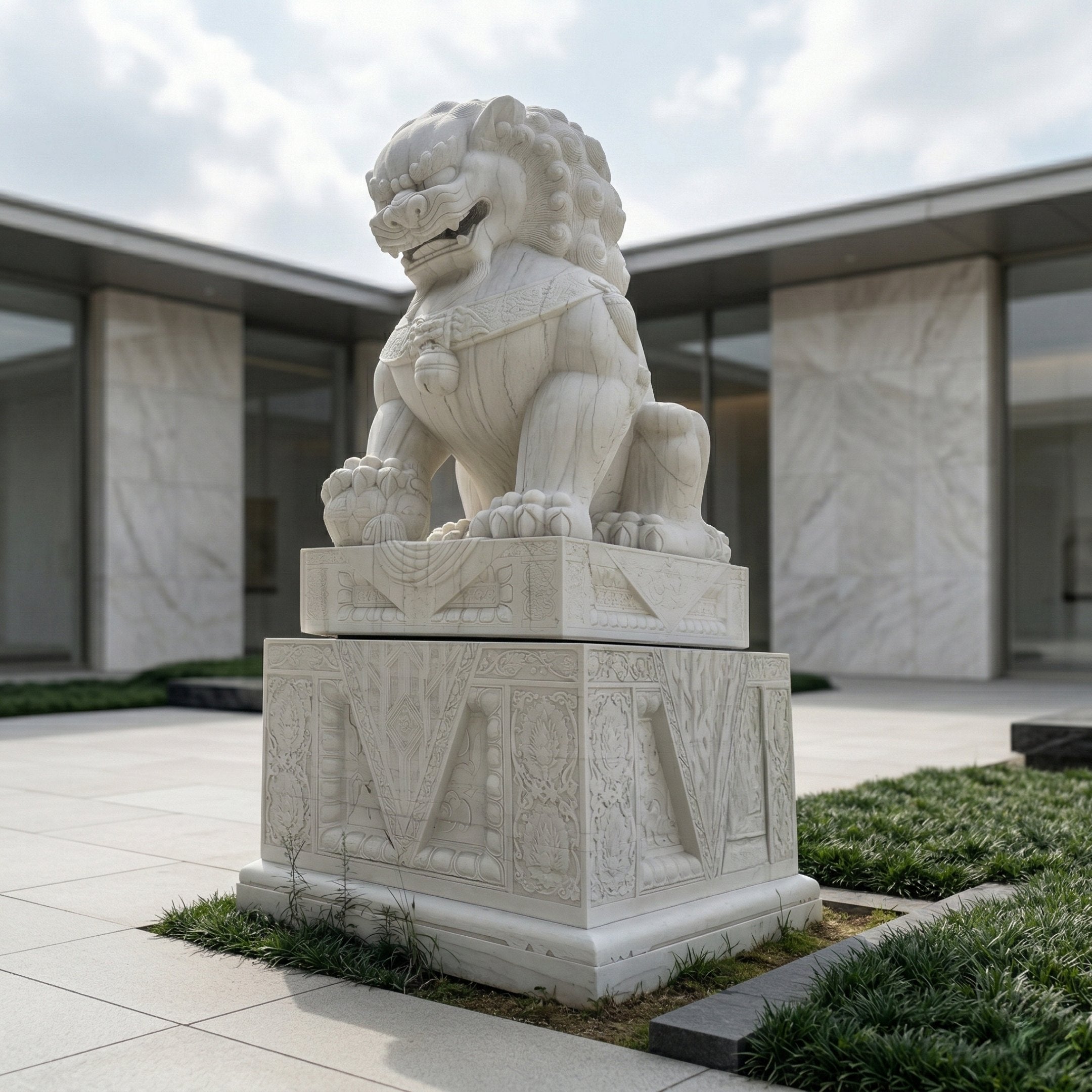 The Chinese Guardian Lion V Marble Outdoor Sculpture by Giant Sculptures, standing 200cm tall, features intricate carvings and sits on a decorated pedestal in a modern courtyard with tiled flooring, glass walls, and patches of grass.