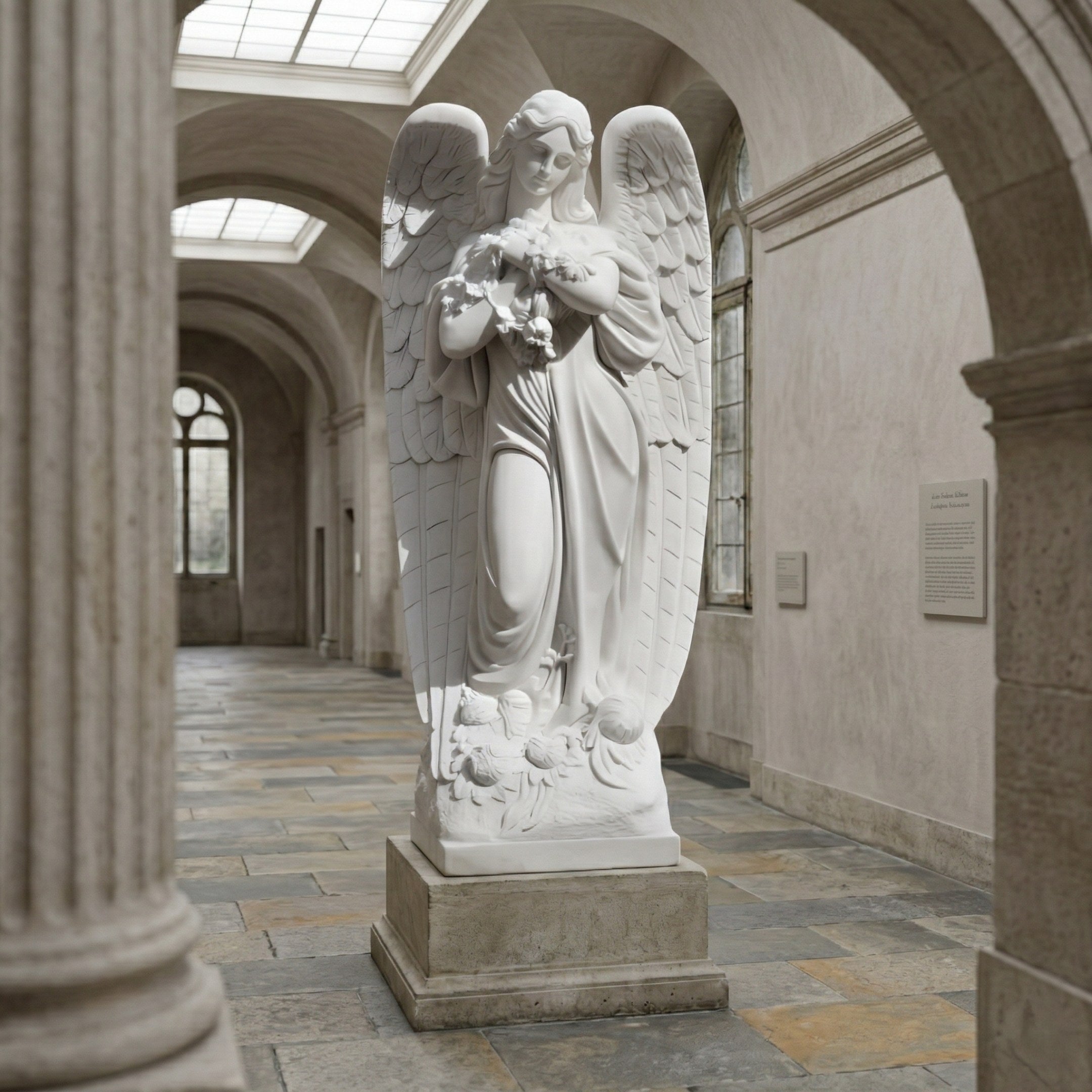 The Heavenly Bloom Angel Marble Outdoor Sculpture (220cm) by Giant Sculptures features a graceful angel holding flowers, ideal for outdoor spaces and evoking the serene beauty of a garden in brilliant white marble.