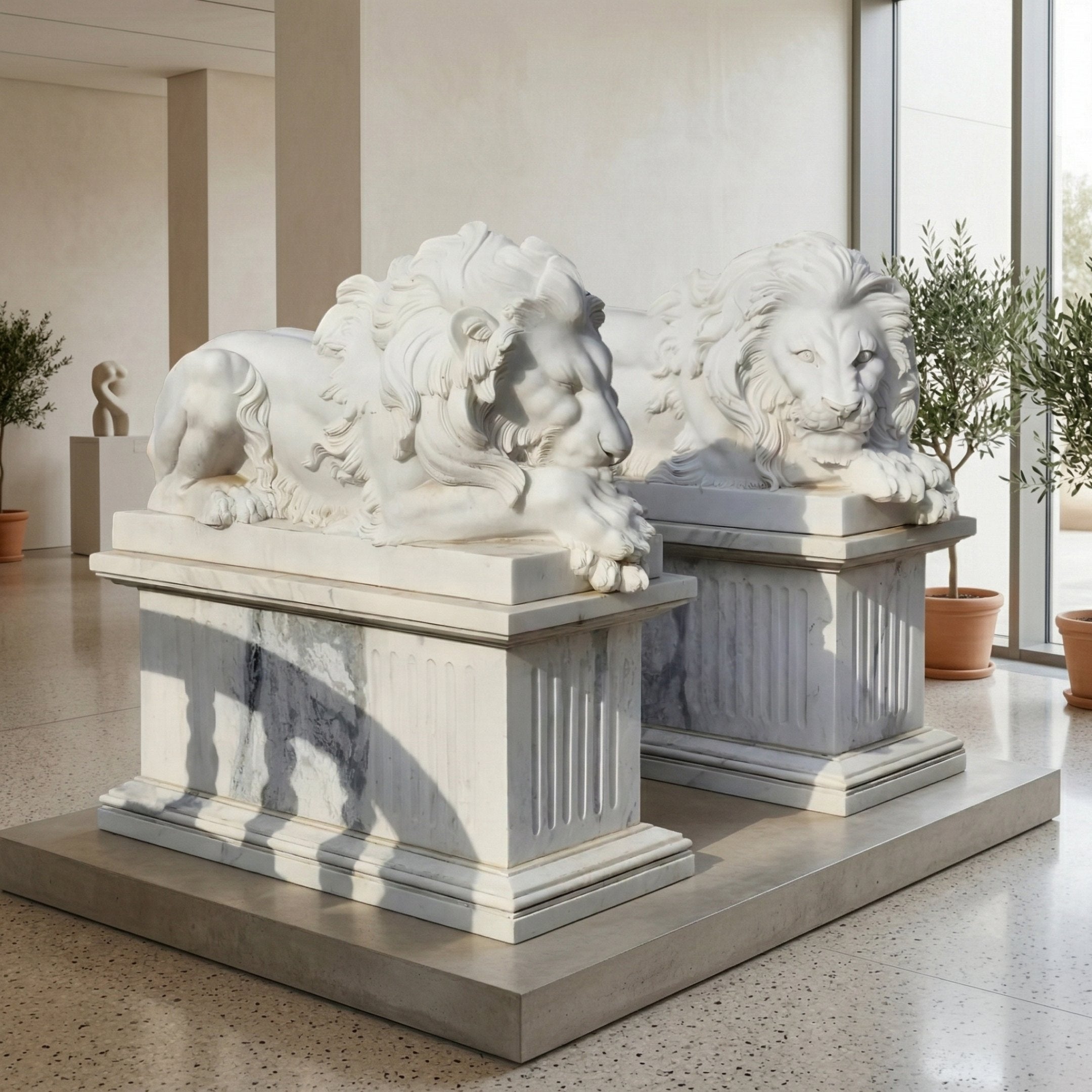 Two Giant Lying Lion Marble Outdoor Sculptures (120cm) by Giant Sculptures rest on rectangular pedestals in a bright gallery with large windows. Nearby potted plants add greenery, echoing garden decor, while another outdoor sculpture is seen in the background.