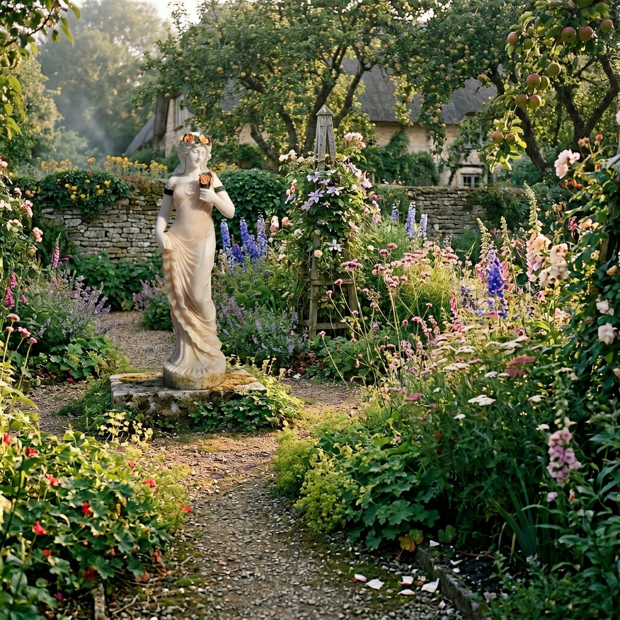 Goddess of Harvest Marble Sculpture by Giant Sculptures, 160cm female figure with floral crown on a stone plinth in a cottage garden with foxgloves and roses.