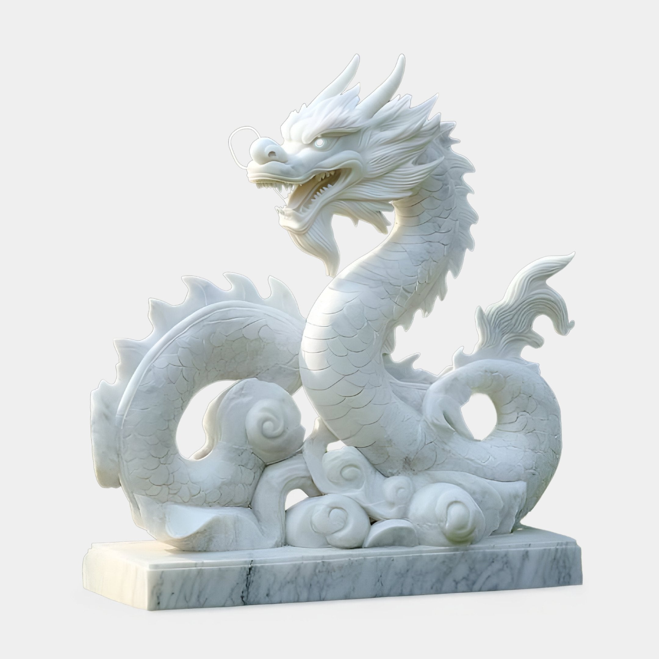 The Serpentine Dragon White Marble Outdoor Sculpture by Giant Sculptures stands majestically at 120cm. Its dynamic pose, intricate scales, and fierce facial details captivate viewers as it coils with an open mouth on a marble base, elegantly set against a plain background.