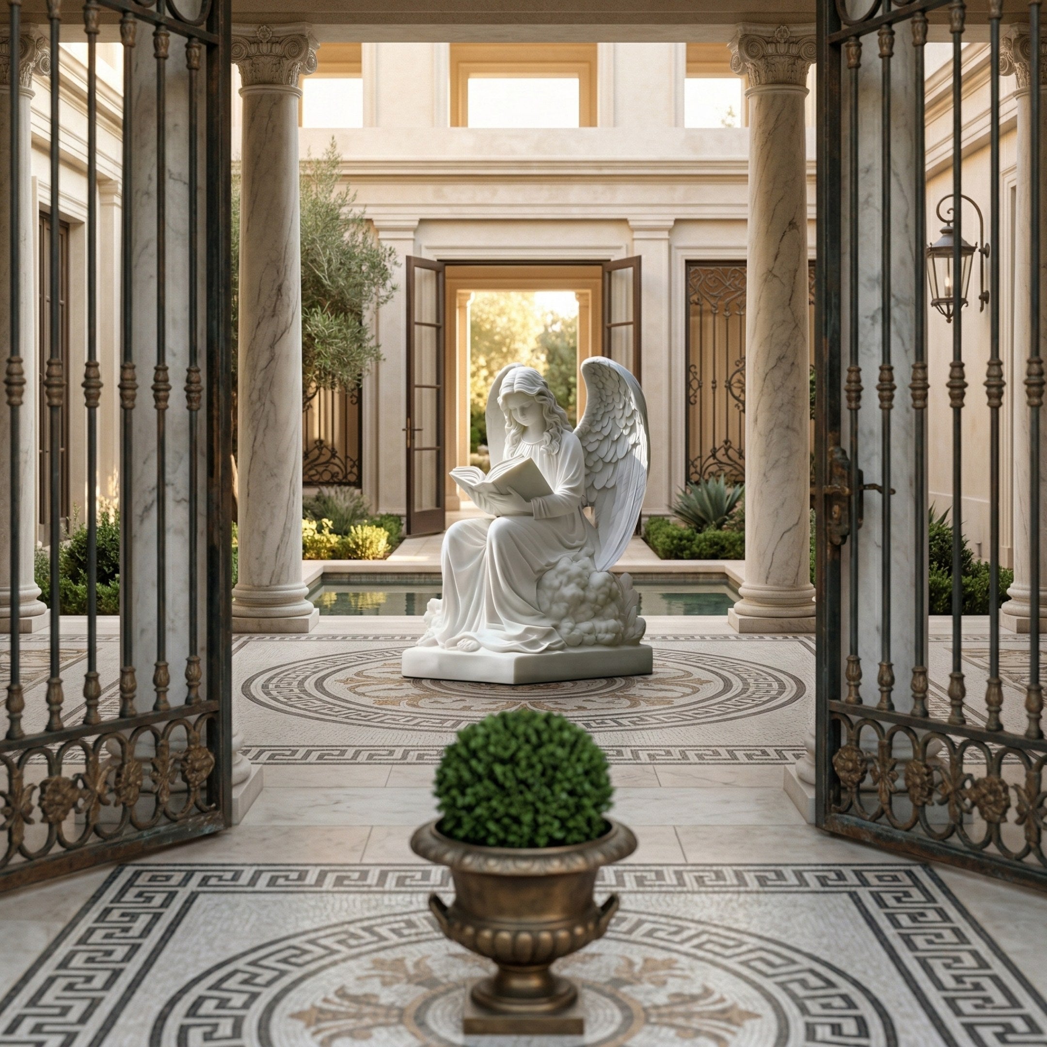 The Heavenly Reading Angel Marble Outdoor Sculpture - 120cm by Giant Sculptures features a graceful marble angel reading at the center of a courtyard with ornate iron gates, mosaic floor, columns, and lush greenery for a tranquil garden scene.