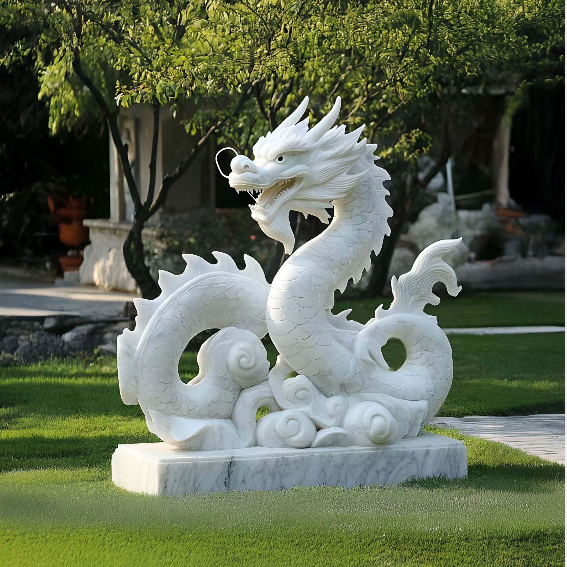 Crafted by Giant Sculptures, the Serpentine Dragon White Marble Outdoor Sculpture (120cm) sits on a green lawn among trees and shrubs, showcasing intricate details and a fierce expression with its coiled body and wide-open mouth.