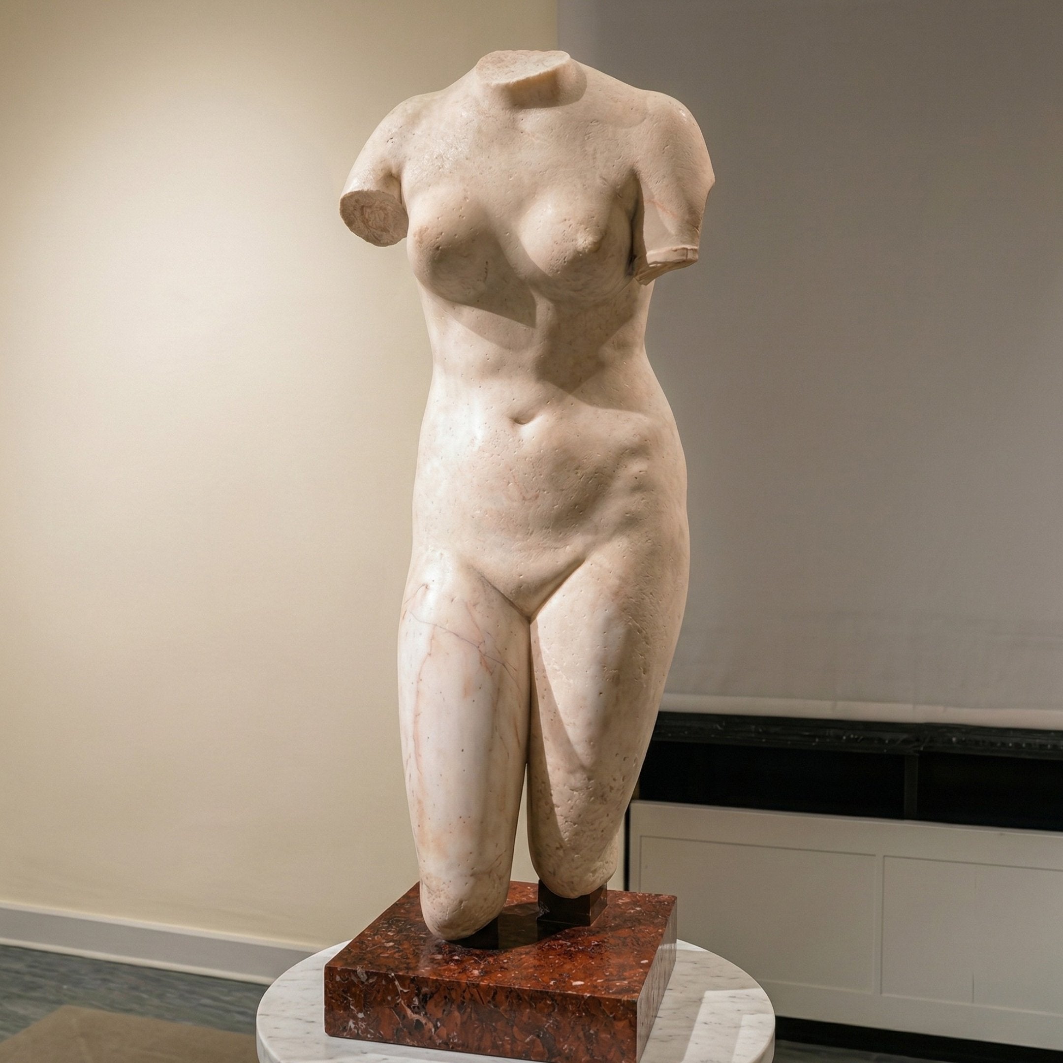 The Female V2 Marble Torso Sculpture - 130cm by Giant Sculptures, a large headless and armless female torso missing part of the legs, is displayed on a reddish-brown stone base in a museum setting.