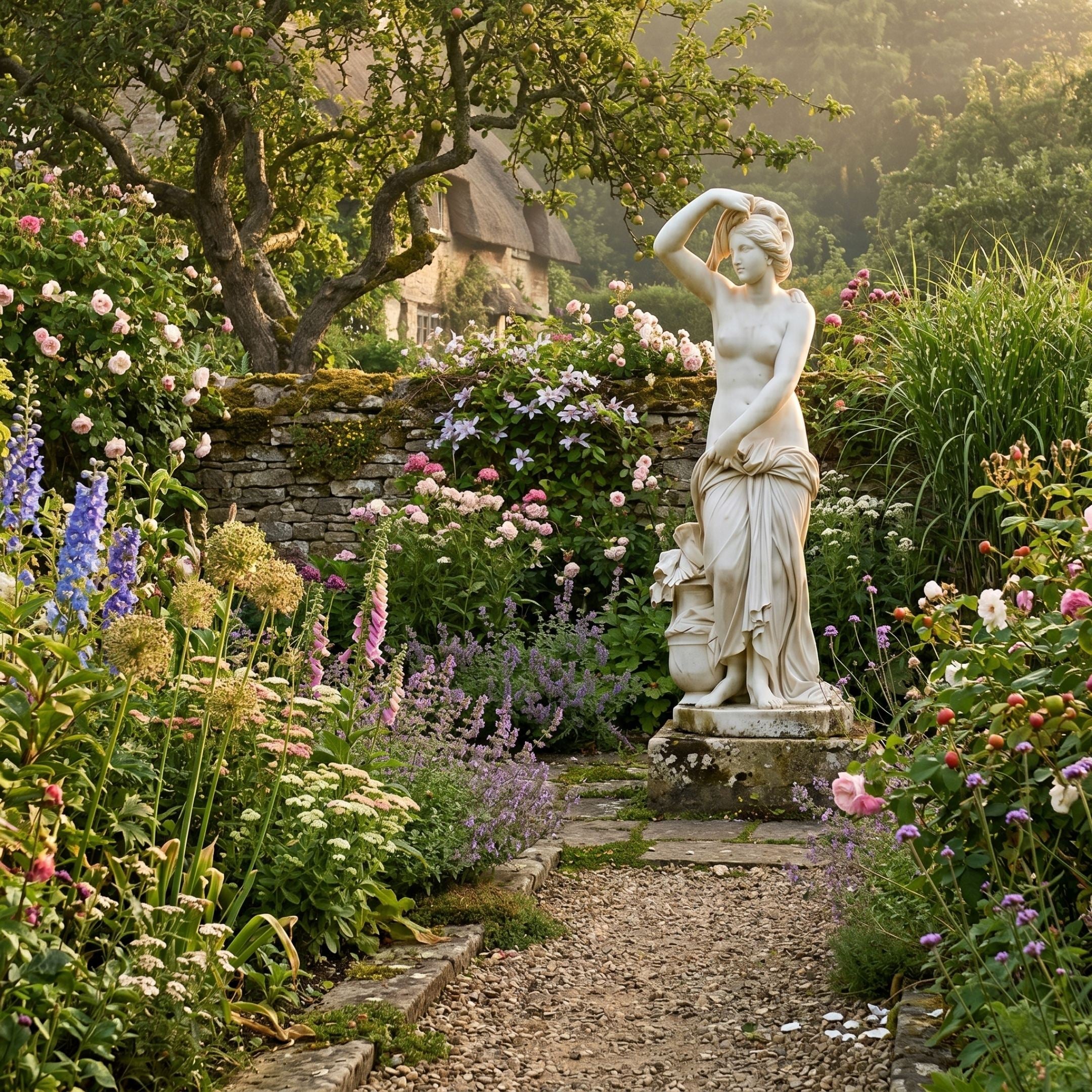 White marble female figure from the Four Seasons Group statue by Giant Sculptures, posed with arm raised on a stone pedestal in a cottage garden with roses, foxgloves, and lavender.