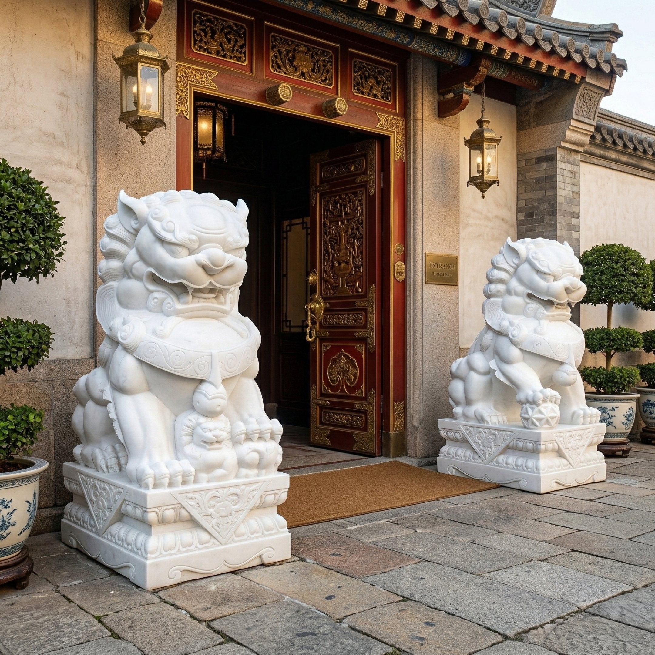 Two Giant Sculptures "Chinese Guardian Lion VII Marble Outdoor Sculpture - 120cm" statues stand on either side of an ornate wooden doorway at a traditional Chinese building entrance, surrounded by potted plants and lanterns.