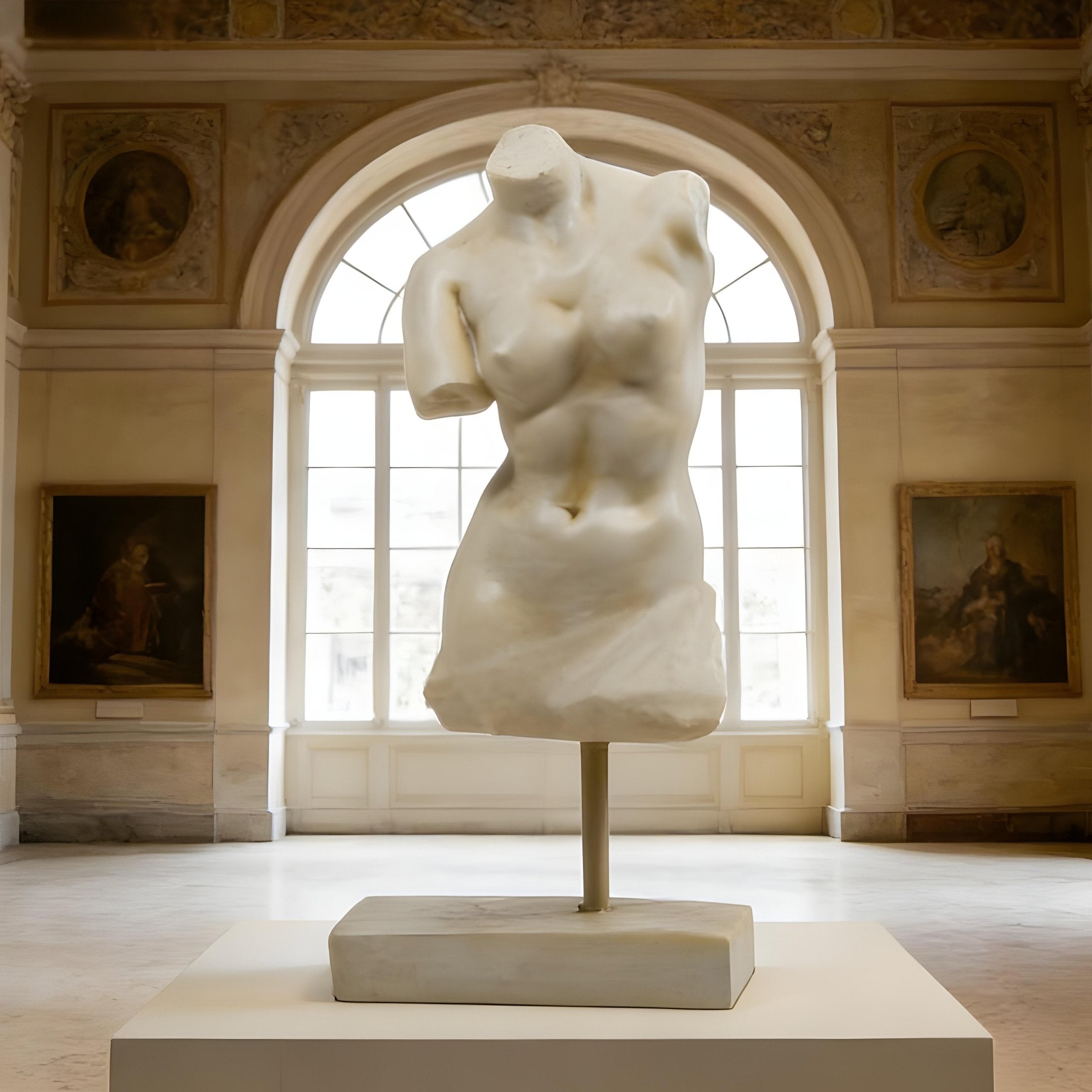 The Female V1 Marble Torso Sculpture - 130cm by Giant Sculptures, headless and armless, is showcased on a pedestal in a museum gallery with large arched windows and classical paintings in the background.