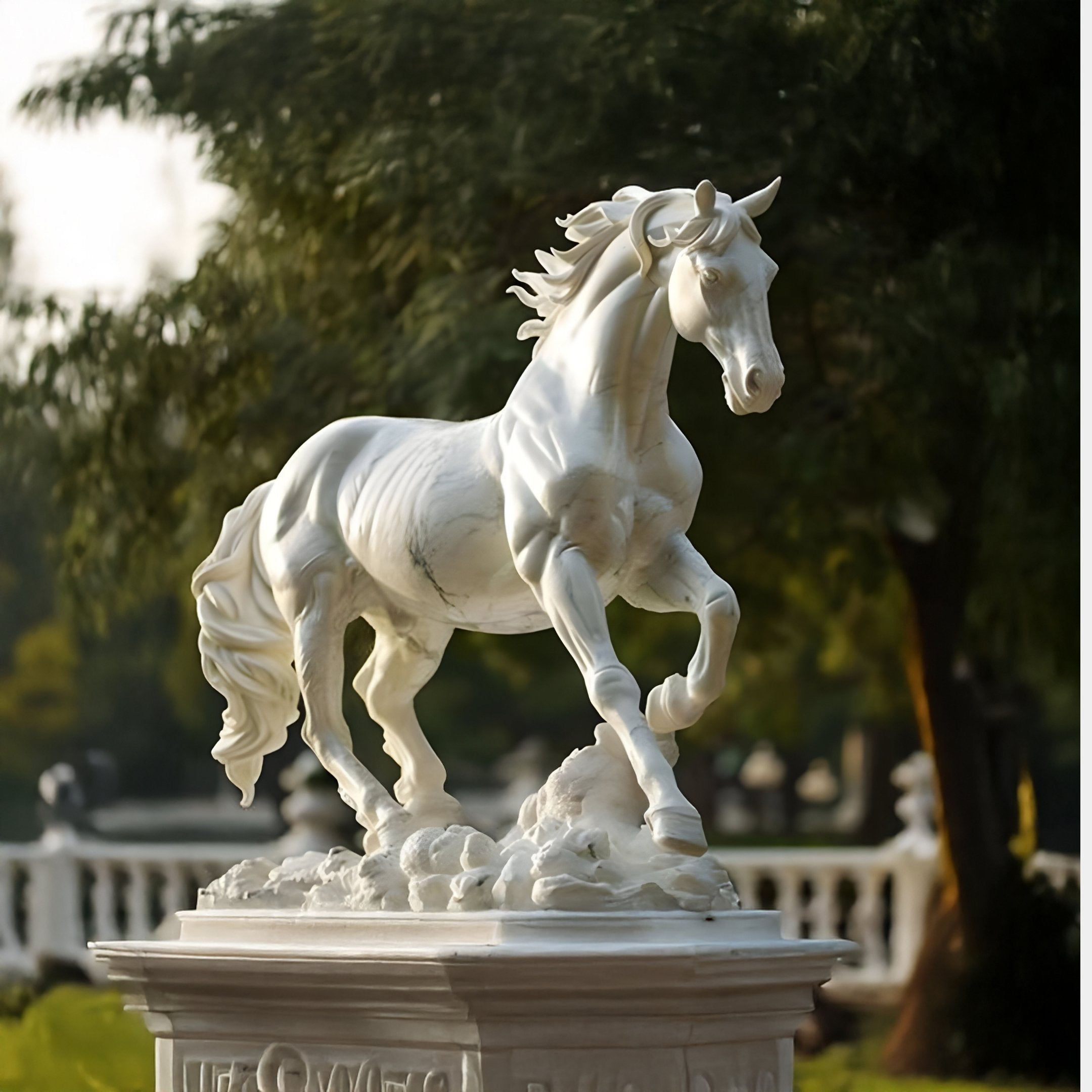 The Galloping Horse Marble Outdoor Sculpture - 160cm by Giant Sculptures depicts a lifelike horse in mid-gallop with a flowing mane and tail, proudly mounted on a decorated pedestal amid an outdoor park setting, framed by trees.