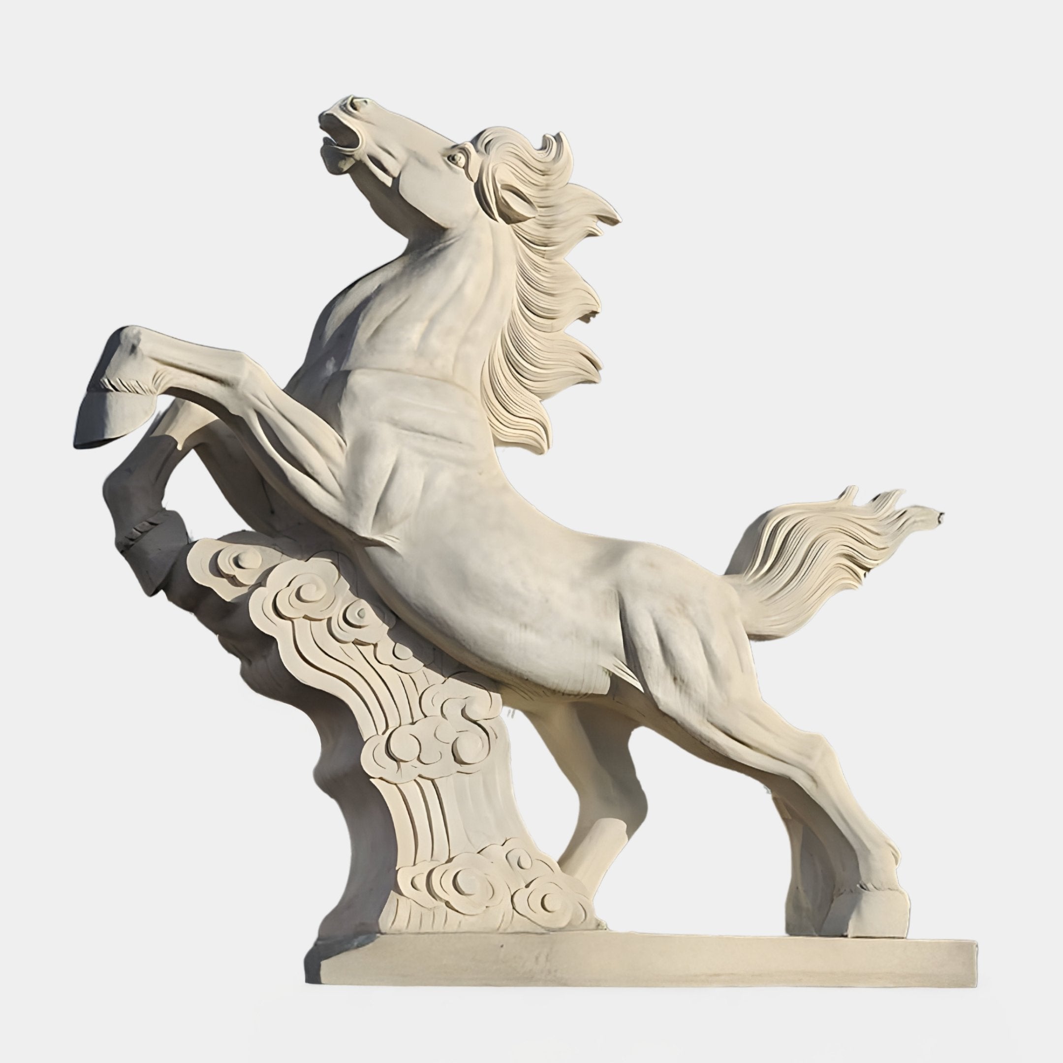 The Giant Sculptures Cloud Rider Horse Marble Outdoor Sculpture (200cm) showcases a rearing horse with flowing mane and tail atop a cloud-like base. Hand-carved for detail, it stands against a plain, light background.